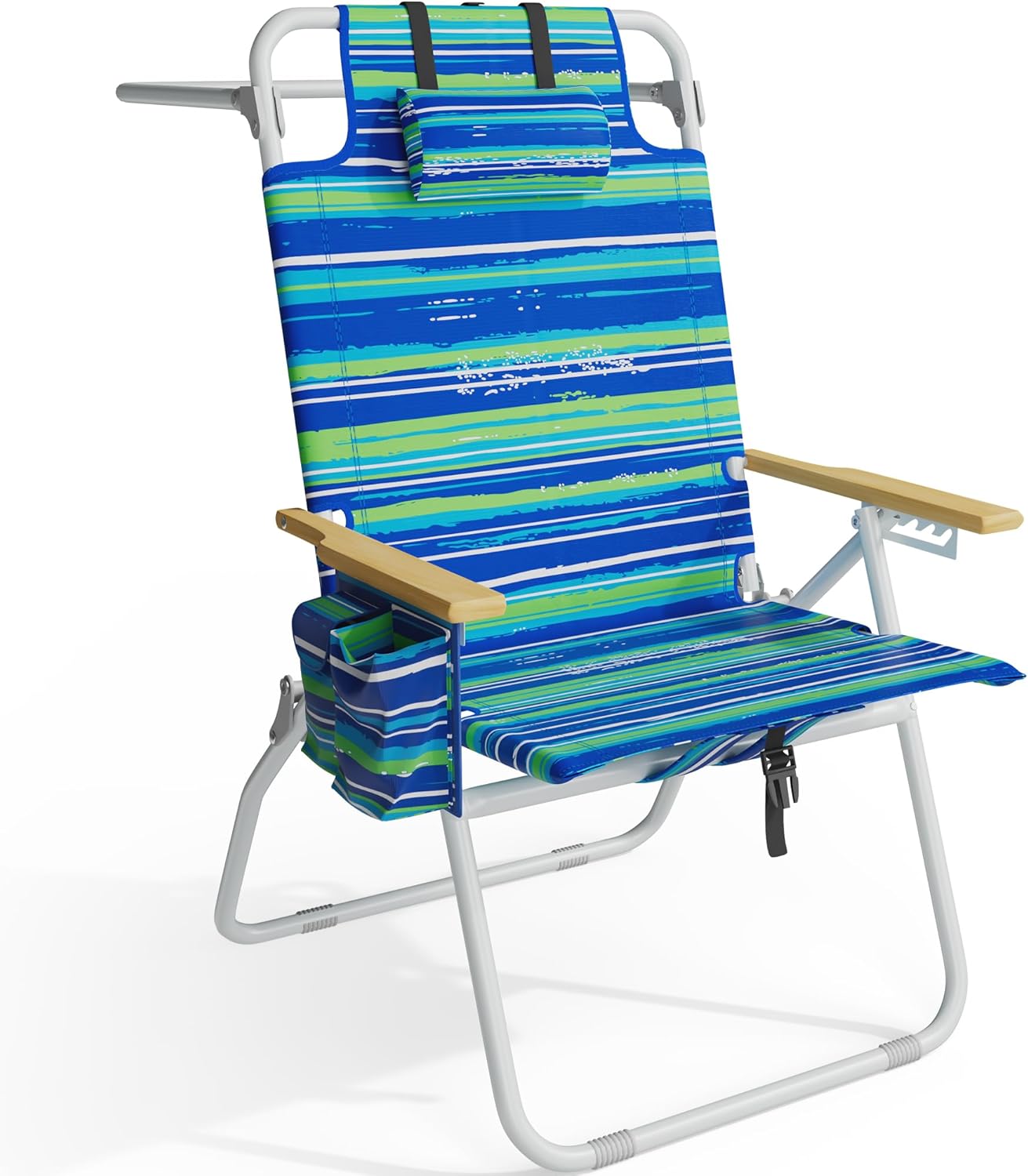 Tall Beach Chairs for Adults, 17" High Backpack Beach Chair with Wooden Armrests, 5 Positions Reclining Heavy Duty Chair with Large Cooler Pouch, Support to 350LBS Striped Blue,1pack