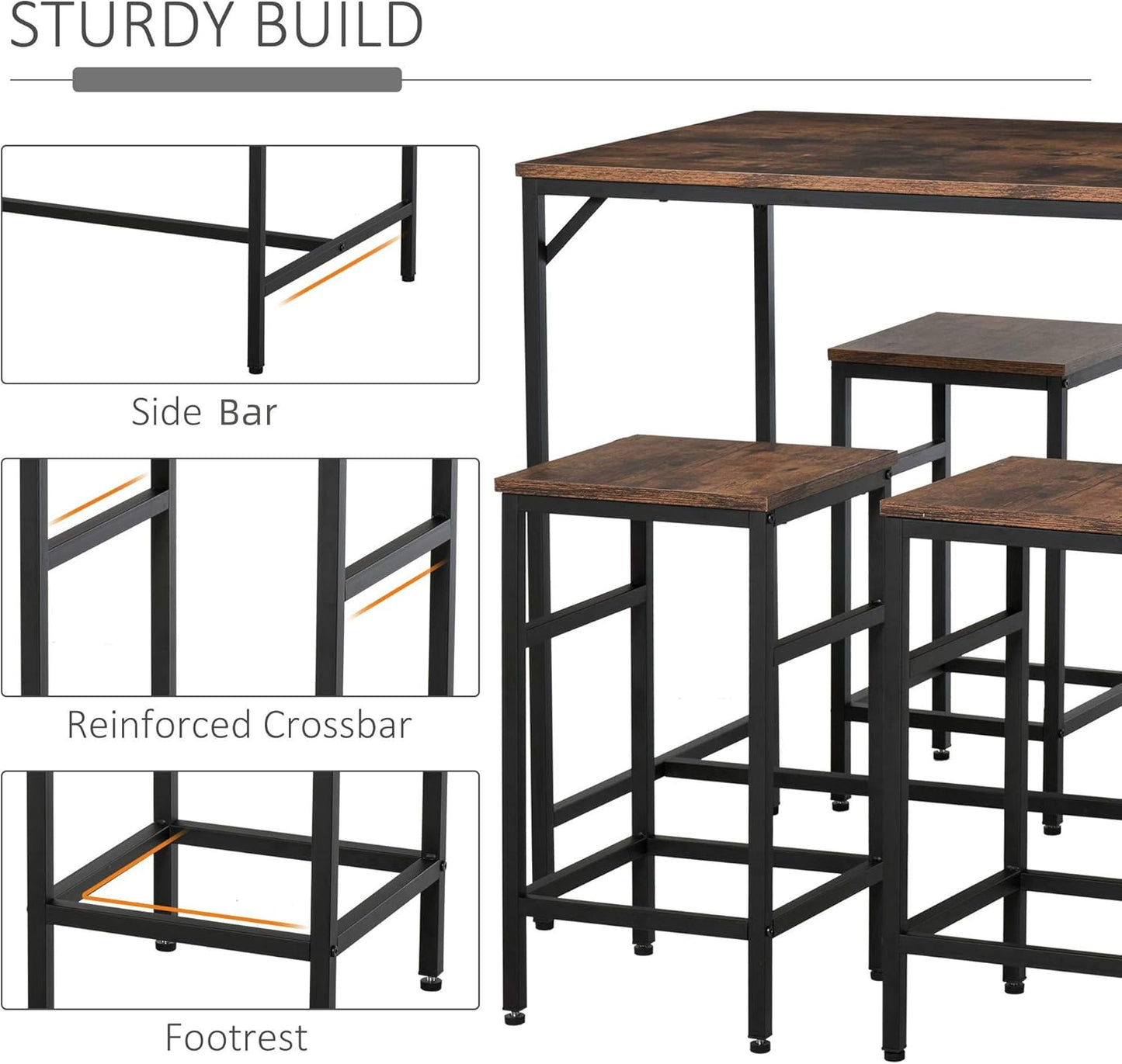 HOMCOM 5-Piece Industrial Dining Table Set, Bar Table & 4 Stools Set, Space Saving for Pub & Kitchen, Black/Brown
