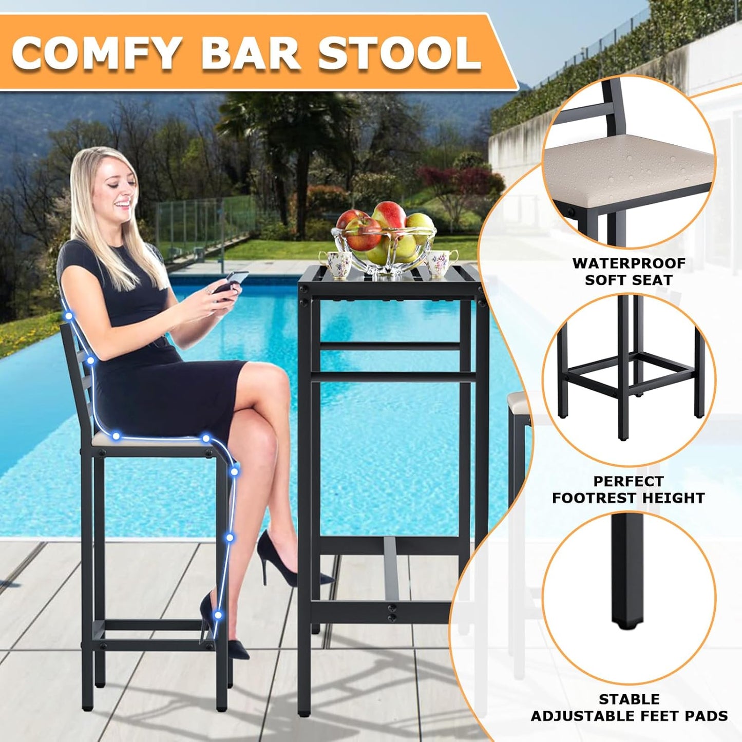 3PCS Outdoor Patio Bar Set, Outdoor Stainless Steel Patio Bar Set with 55'' Height Bar Table & 2 Cushioned Bar Set, Metal Bar Table and Chairs Set for Outside, Patio,Backyard (50''L x 16''W x 38''H)