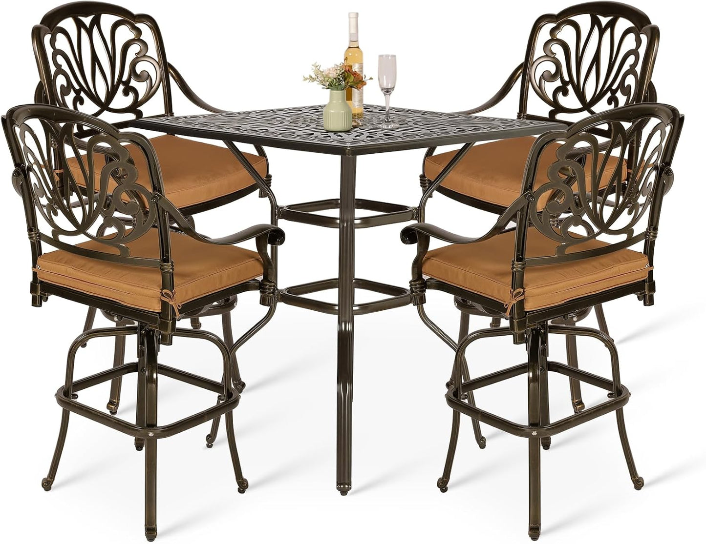 VIVIJASON 10-Piece High Patio Dining Set, All Weather Cast Aluminum Outdoor Bar Table and Chairs Set, Includes 8 Swivel Bar Stools & 64" Bar Height Dining Table with 35.5" Lazy Susan, Umbrella Hole