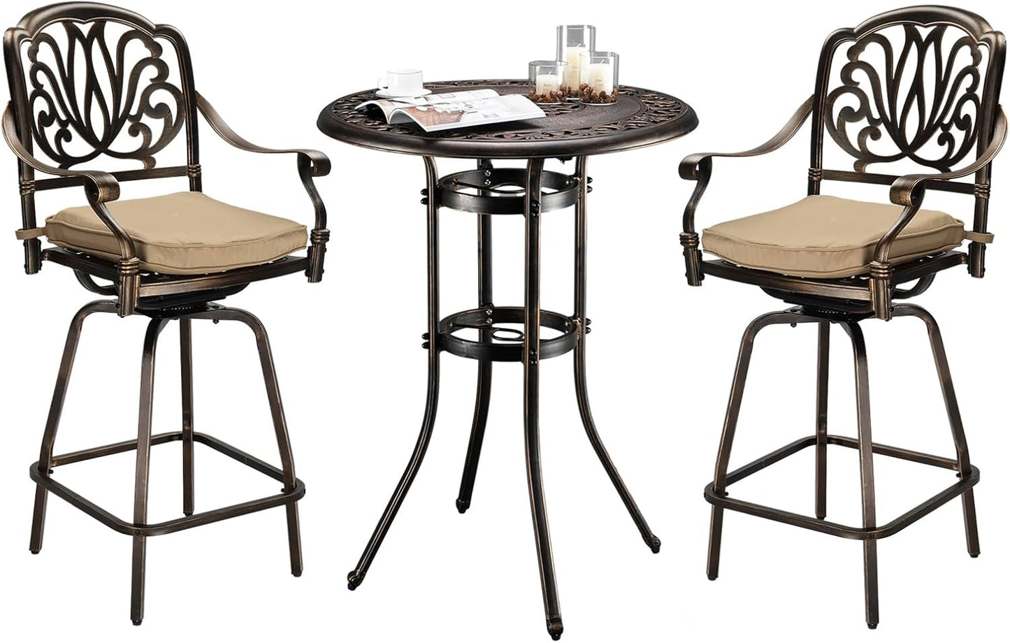VINGLI 3 Piece Outdoor Patio Bar Set, Cast Aluminum Outdoor Swivel Bar Stools and Table w/Umberlla Hole, All-Weather Outdoor Bar Table and Chairs High Top Bistro Set w/Cushions (Grid Back)