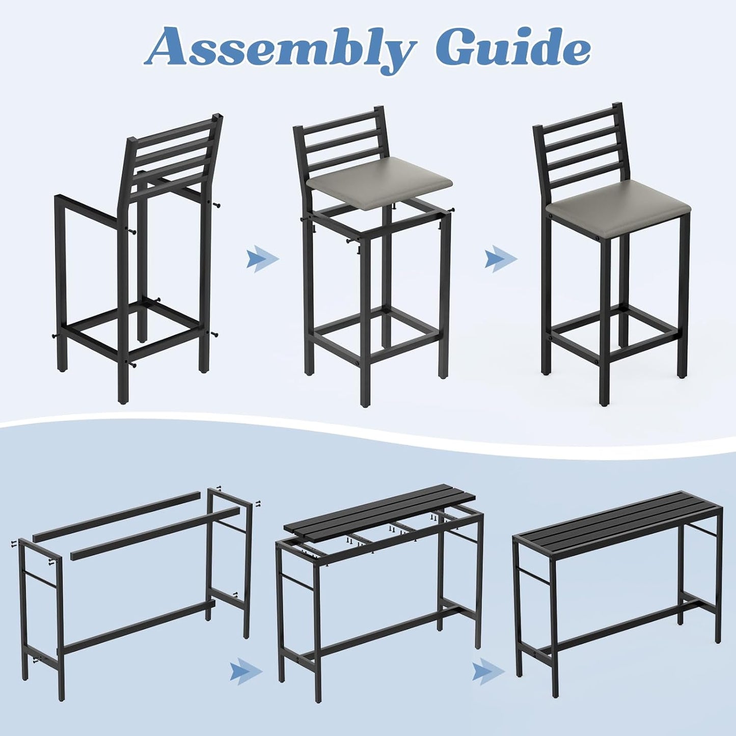 3 Pcs Outdoor Patio Bar Set, Outdoor Stainless Steel Patio Bar Set with 55'' Height Bar Table & 2 Cushioned Bar Table, Metal Bar Table and Chairs Set for Outside, Patio, Balcony, Backyard, Porch, Deck