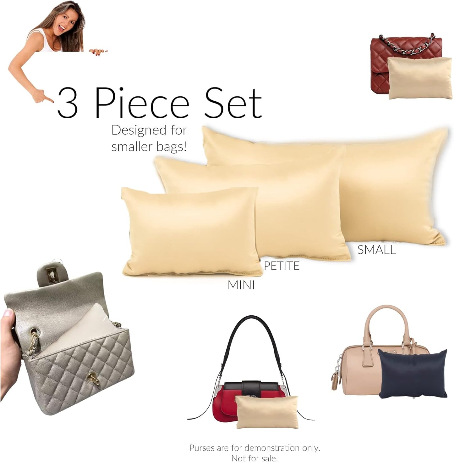 Purse Insert Pillows Set - Cushioned Handbag Fillers by Fabrinique - Starter Set of Indivdual Inserts - Prevents Creases and Damage (ice Grey, XXS-S, 3PC Set)