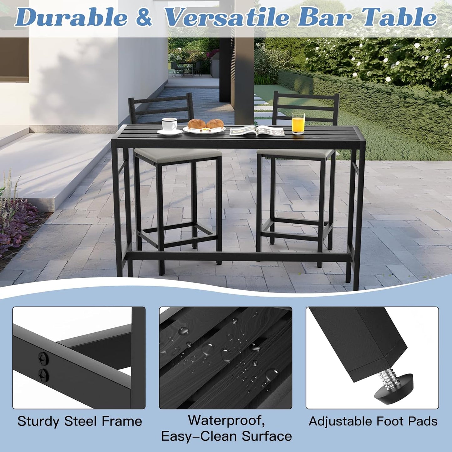 3 Pcs Outdoor Patio Bar Set, Outdoor Stainless Steel Patio Bar Set with 55'' Height Bar Table & 2 Cushioned Bar Table, Metal Bar Table and Chairs Set for Outside, Patio, Balcony, Backyard, Porch, Deck
