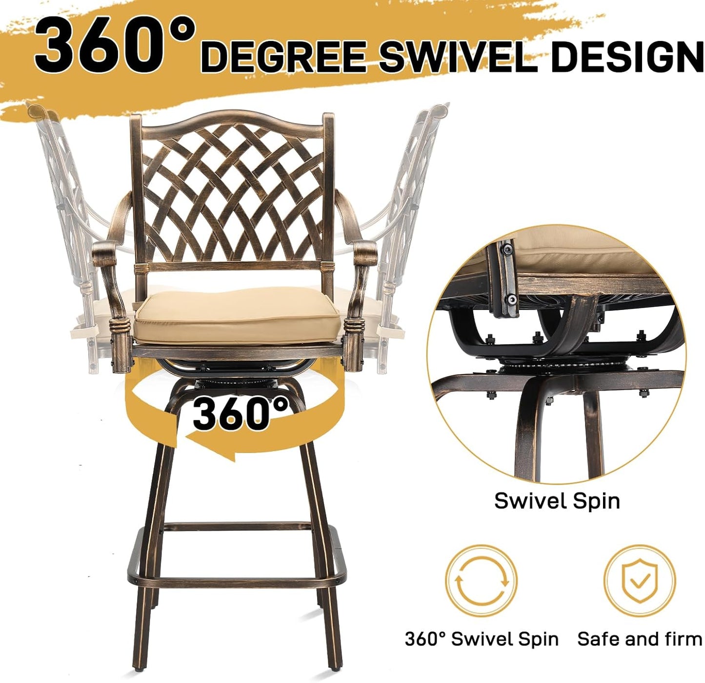 VINGLI 3 Piece Outdoor Patio Bar Set, Cast Aluminum Outdoor Swivel Bar Stools and Table w/Umberlla Hole, All-Weather Outdoor Bar Table and Chairs High Top Bistro Set w/Cushions (Grid Back)