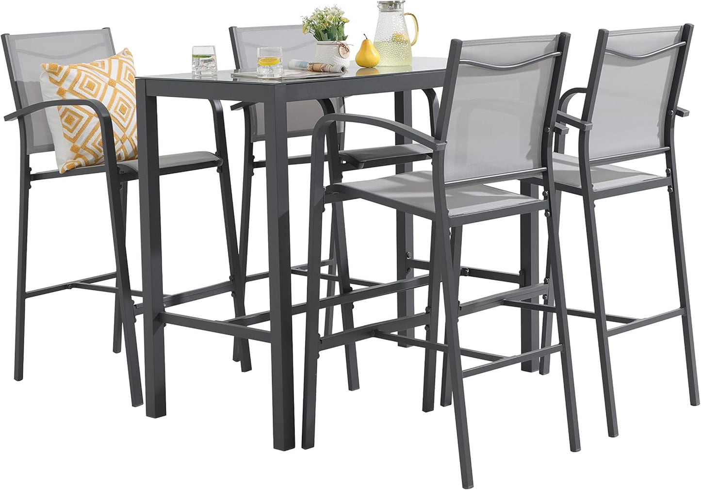 OC Orange-Casual 5-Piece Patio Bar Set, All-Weather Aluminum Textile Fabric Outdoor High Top Dining Table and Chairs, 4 Metal Bar Height Stools with Glass Top Bar Table, for Porch, Garden, Dark Grey