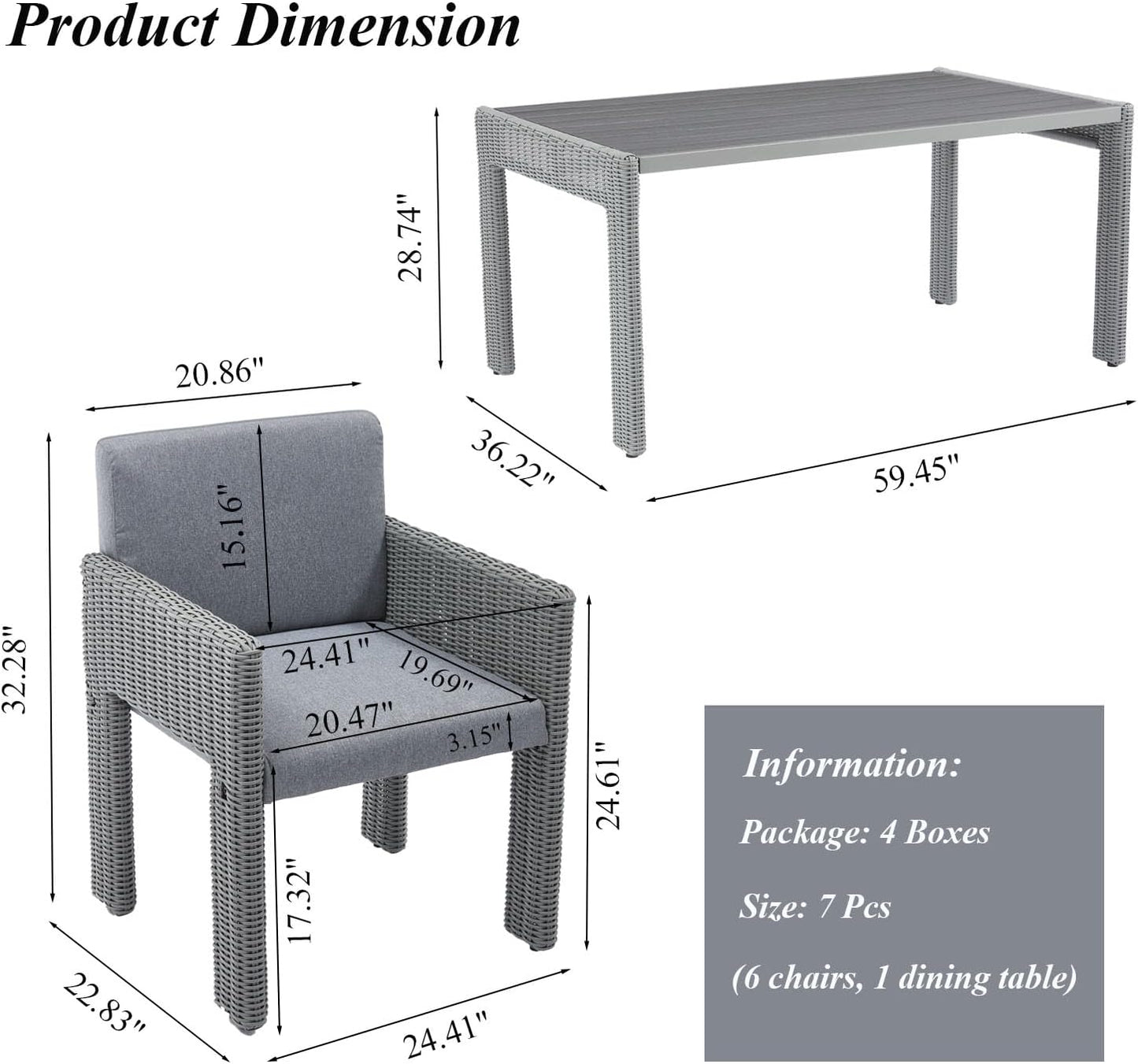 7 Piece Patio Dining Set, Outdoor Dining Furniture Set with Large Table, PE Wicker Patio Dining Set of 6, Outdoor Table and Chairs for Garden, Yard, Backyard, Poolside, Grey