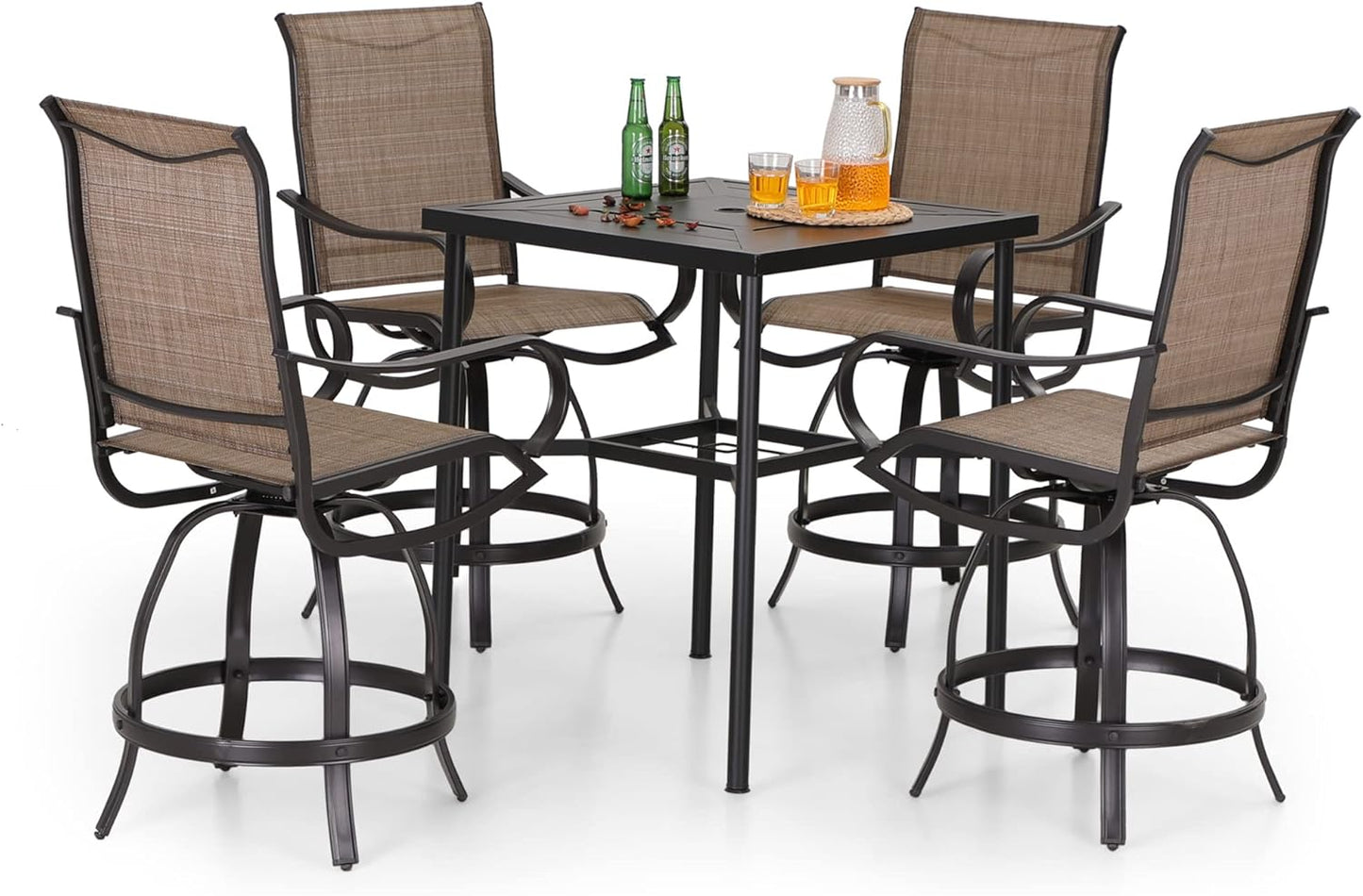 PHI VILLA 5 PCS Outdoor Bar Set, Counter Height Swivel Chair with Rectangle Metal Table, Textilene Fabric and Quick-Drying Waterproof,High Patio Set for Garden, Yard, Poolside