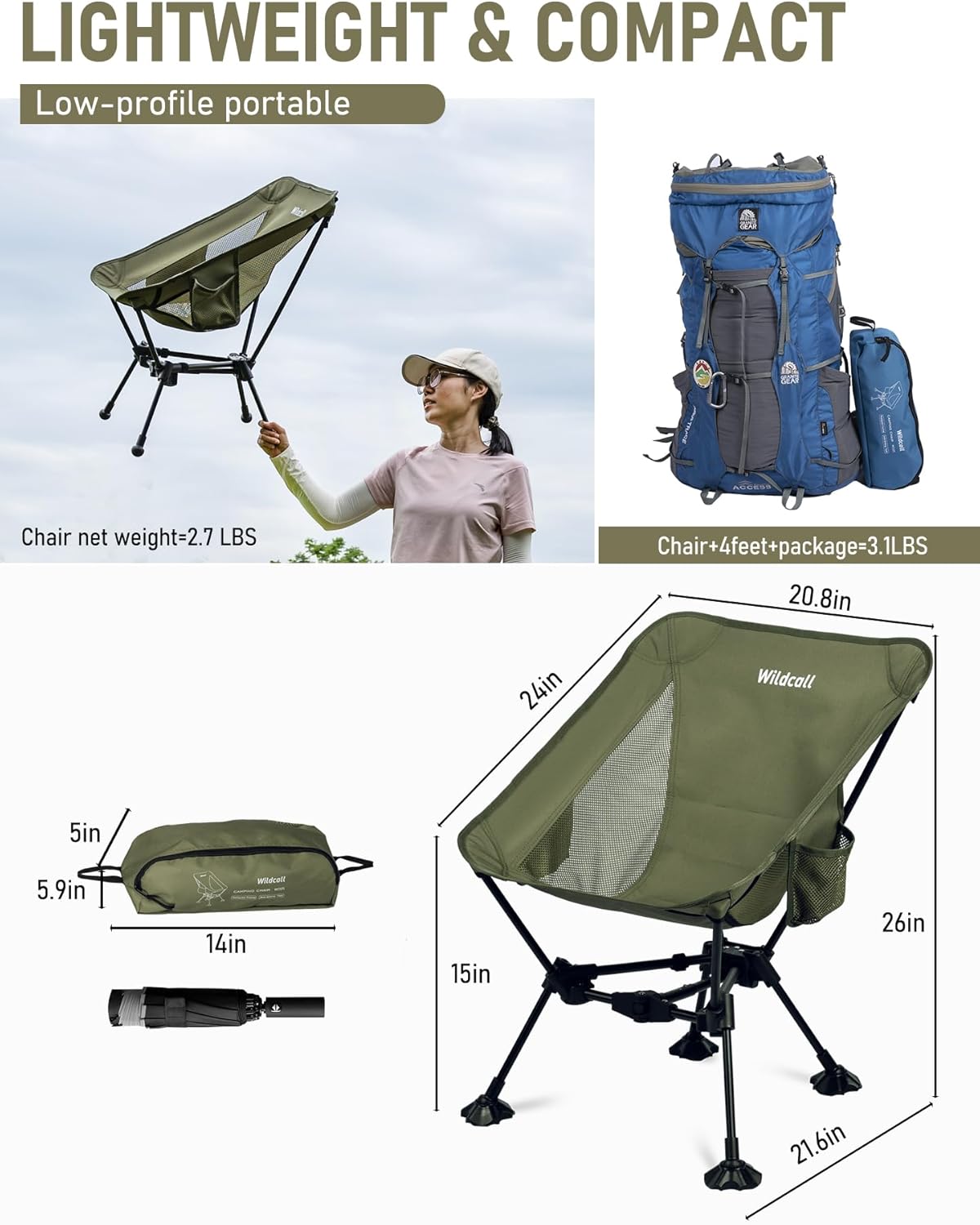 WildCall Lightweight Folding Camping Chair Compact Beach Chair with Anti-Sinking Large Feet