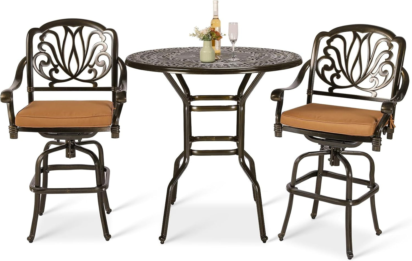 VIVIJASON 10-Piece High Patio Dining Set, All Weather Cast Aluminum Outdoor Bar Table and Chairs Set, Includes 8 Swivel Bar Stools & 64" Bar Height Dining Table with 35.5" Lazy Susan, Umbrella Hole