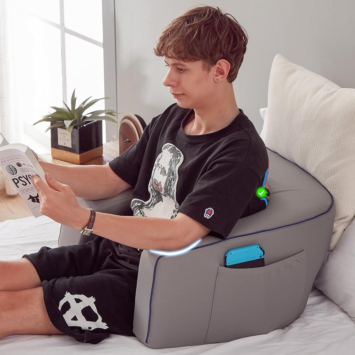 Reading Pillow for Gaming, Extra Large Laptop Pillow for Adult, Memory Foam Lap Desk Gaming Pillow for Reading, Working, Playing Steam Deck Switch or Sitting in Bed Floor Sofa(Grey)