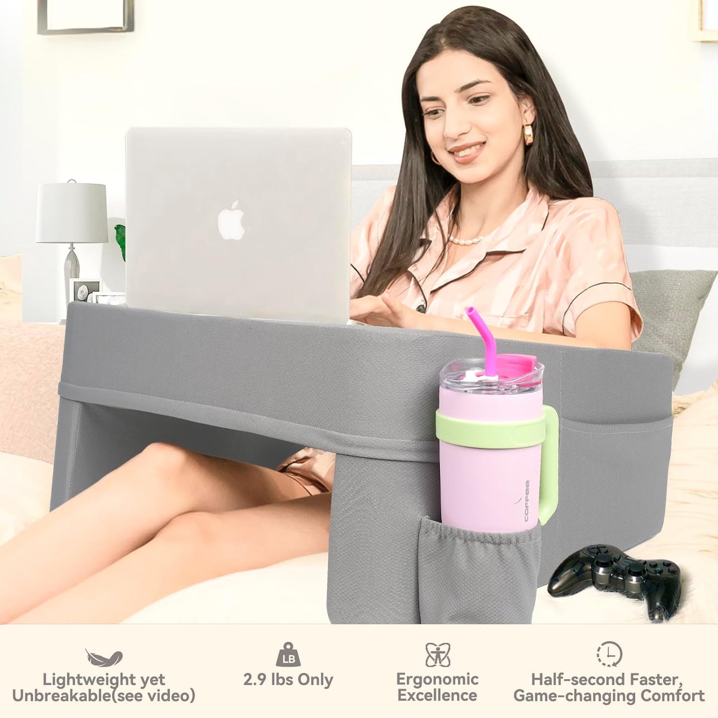 Reading Pillow for Gaming,Soft Lap Desk Pillow for Laptop,Ultimate Lap Pillow with Cup Holder Pocket,Comfort Laptop Lap Desk for Bed Couch Car (Gray, Large)
