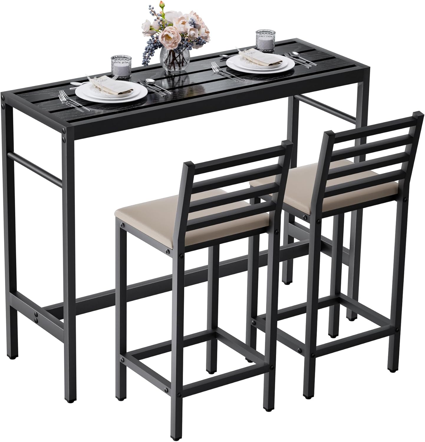 3PCS Outdoor Patio Bar Set, Outdoor Stainless Steel Patio Bar Set with 55'' Height Bar Table & 2 Cushioned Bar Set, Metal Bar Table and Chairs Set for Outside, Patio,Backyard (50''L x 16''W x 38''H)