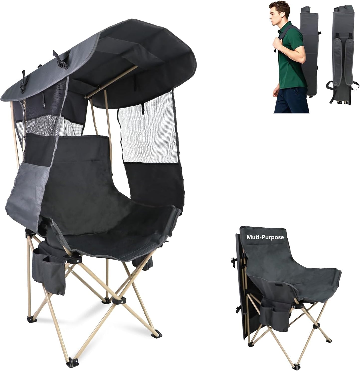 Folding Camping Chairs Canopy Outdoor: Sports Portable Beach Chair with Canopy-Lawn Beach Chairs with Umbrella for Adults-Camping Chair with Shade for Fishing Camp Heavy Duty (Regular, Grey)