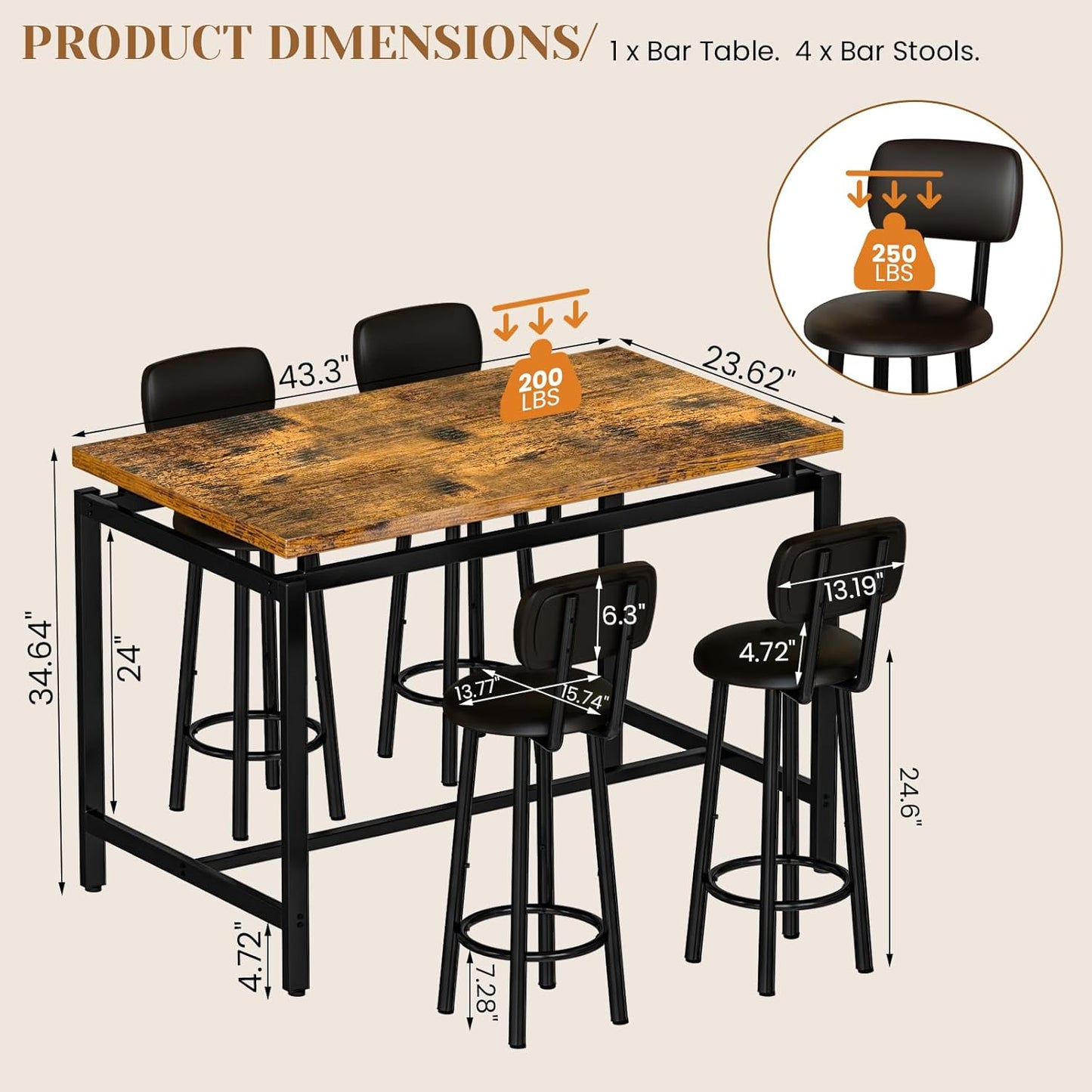 DKLGG Dining Table Set for 4 Modern Bar Table and Chairs Set, Kitchen Table with 4 PU Upholstered Backrest Stool, Counter Height Table Set for Breakfast Nook & Small Space (Rustic Brown)