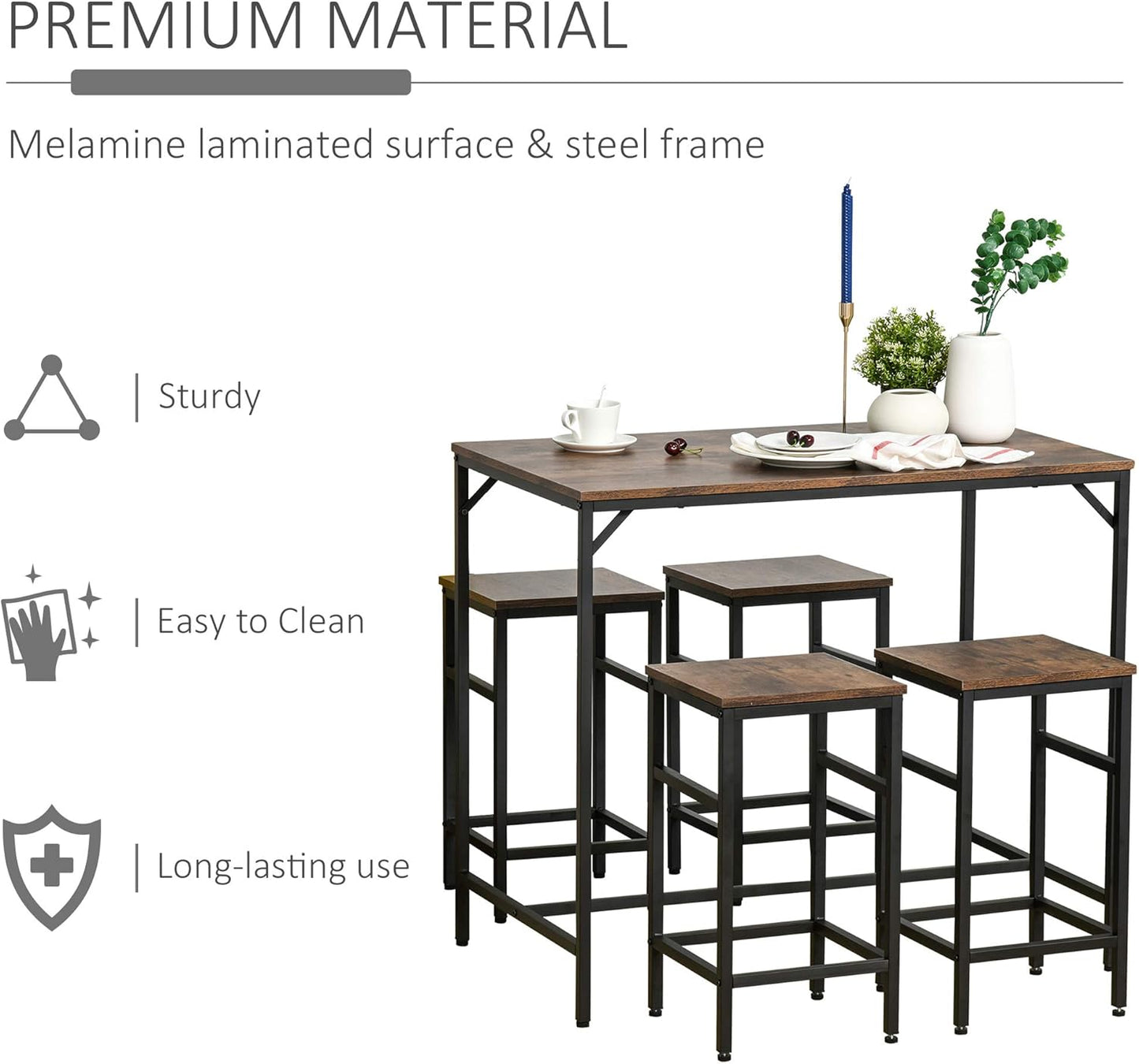 HOMCOM 5-Piece Industrial Dining Table Set, Bar Table & 4 Stools Set, Space Saving for Pub & Kitchen, Black/Brown