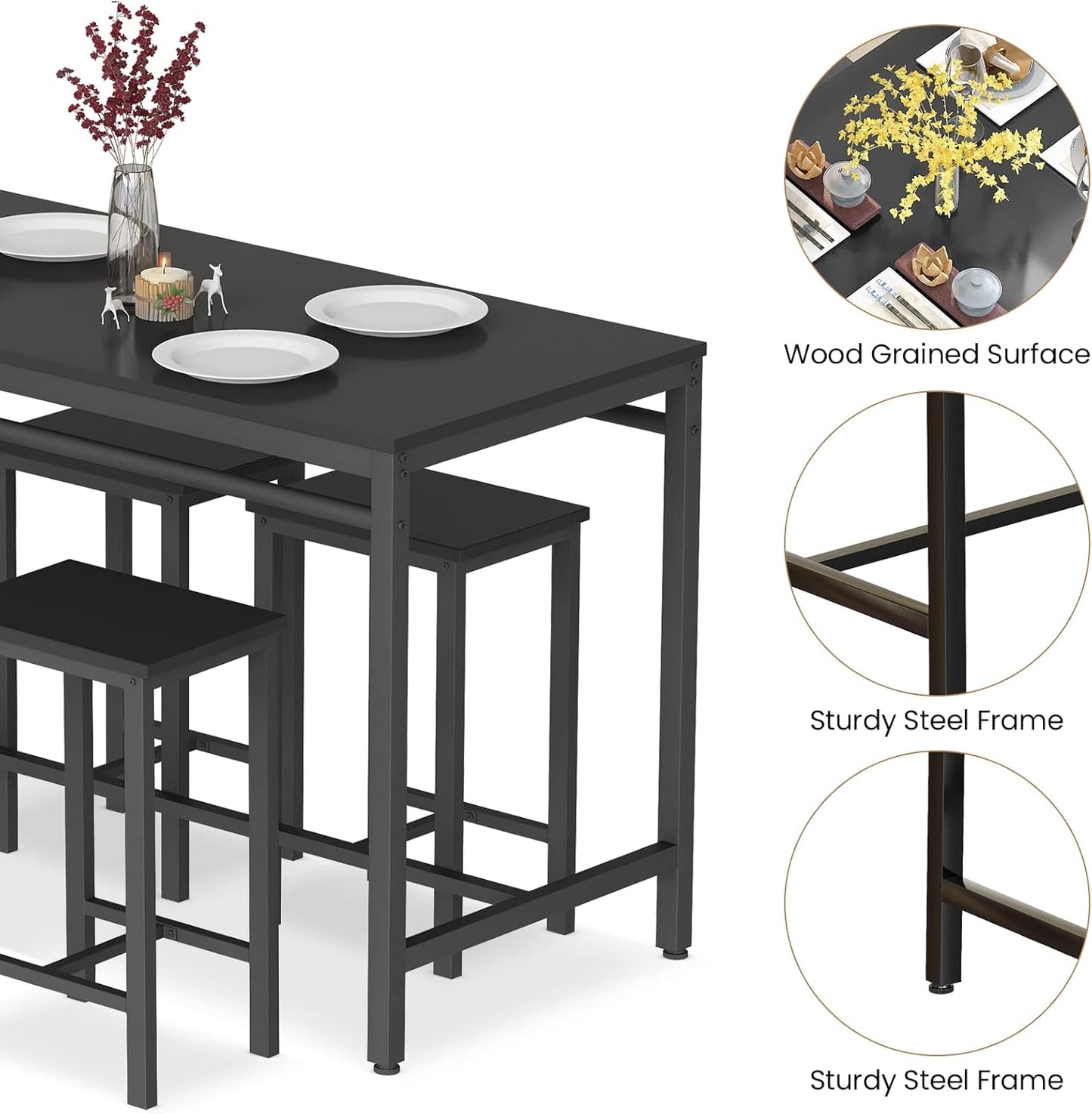 AWQM 5 Piece Bar Table Set, Modern Counter Height Dining Table and Chairs Set for 4, Wood Kitchen Table and 4 Bar Stools for Small Spaces, Apartment, Pub, Dining Room (Black)