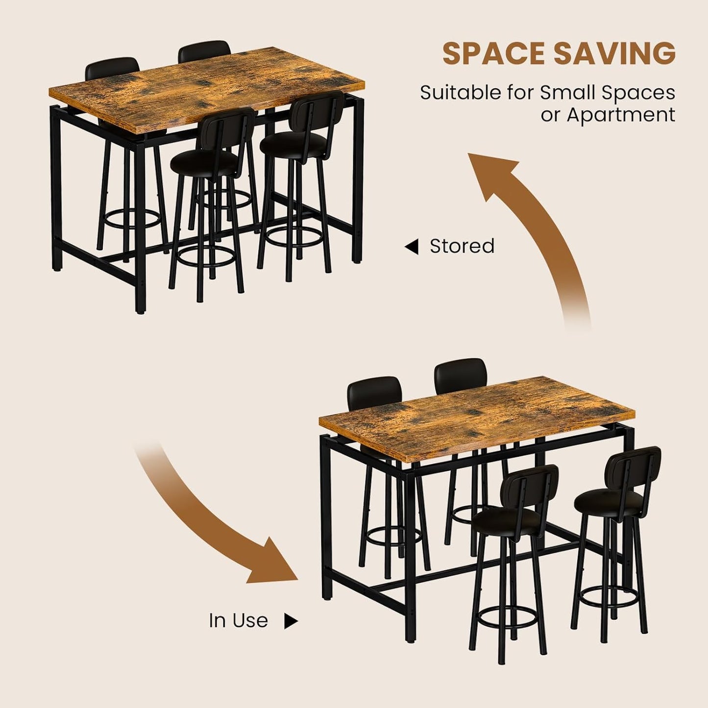 DKLGG Dining Table Set for 4 Modern Bar Table and Chairs Set, Kitchen Table with 4 PU Upholstered Backrest Stool, Counter Height Table Set for Breakfast Nook & Small Space (Rustic Brown)