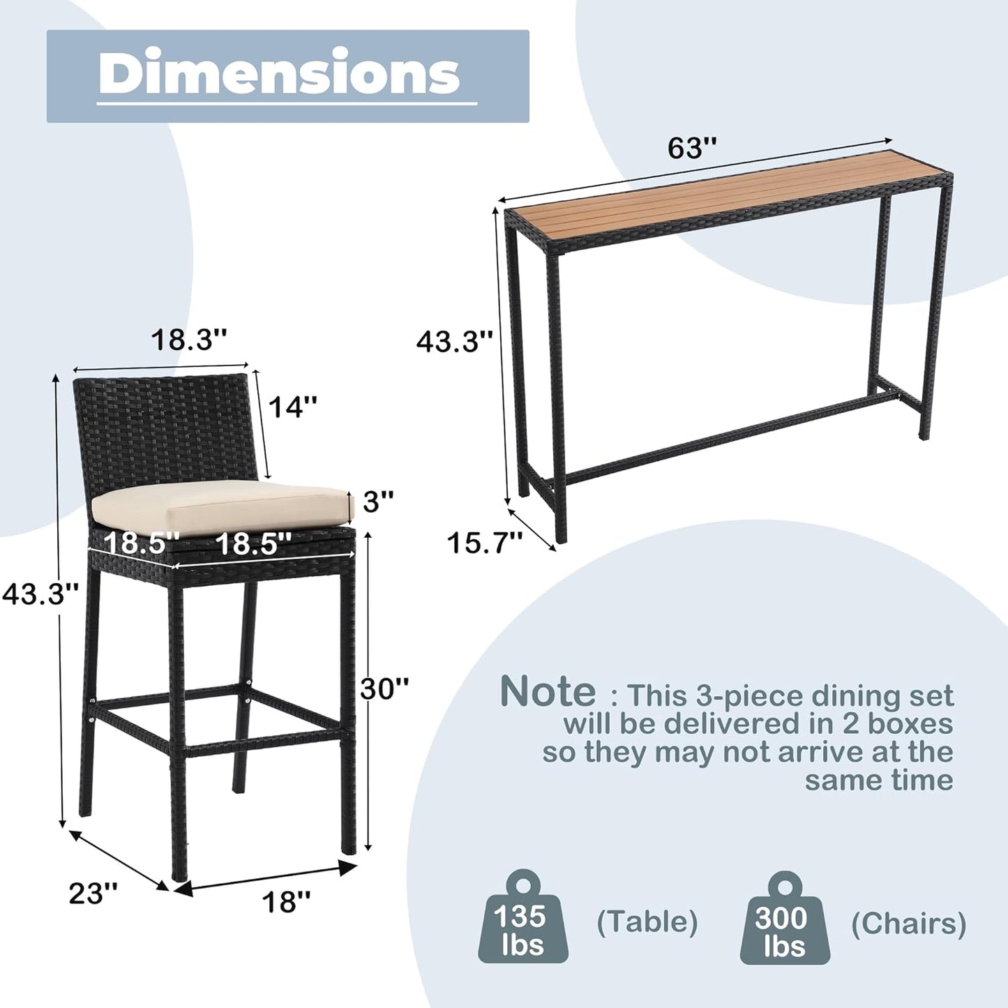 Patio Bar Dining Set,Outdoor Durable Bar Height Table & Cushioned Bar Stools, Metal Bar Table and Chairs Set for Balcony, Backyard, Porch, Poolside (3pcs with 63" Rattan Table)