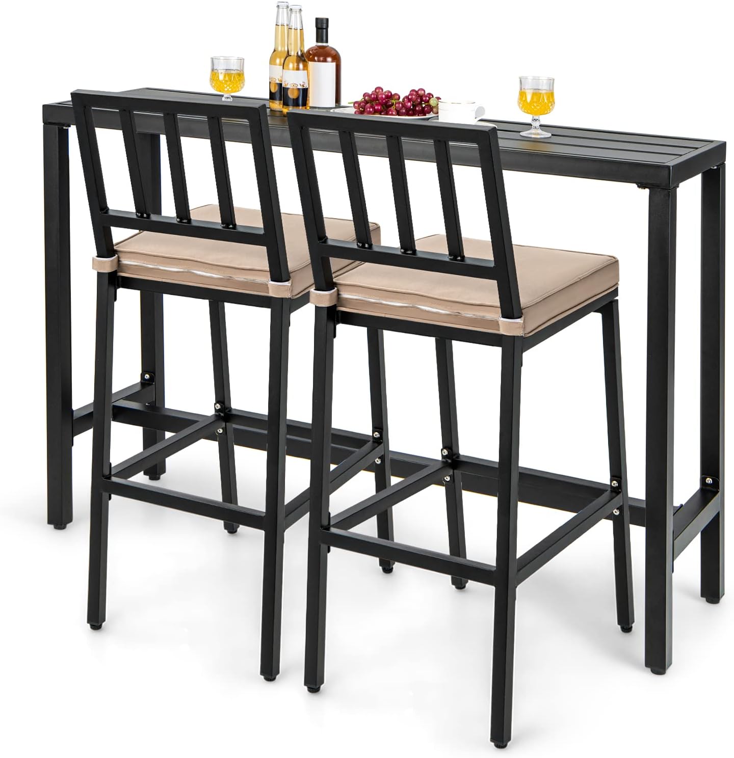 COSTWAY 3 Piece Outdoor Patio Bar Set, 48" Rectangular Pub Height High Top Bar Table with 2 Cushioned Bar Stools, Metal Bar Table and Chairs Set for Balcony, Backyard, Porch