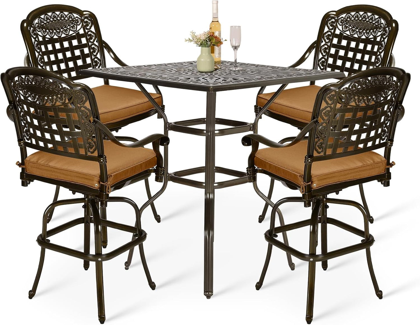 VIVIJASON 10-Piece High Patio Dining Set, All Weather Cast Aluminum Outdoor Bar Table and Chairs Set, Includes 8 Swivel Bar Stools & 64" Bar Height Dining Table with 35.5" Lazy Susan, Umbrella Hole
