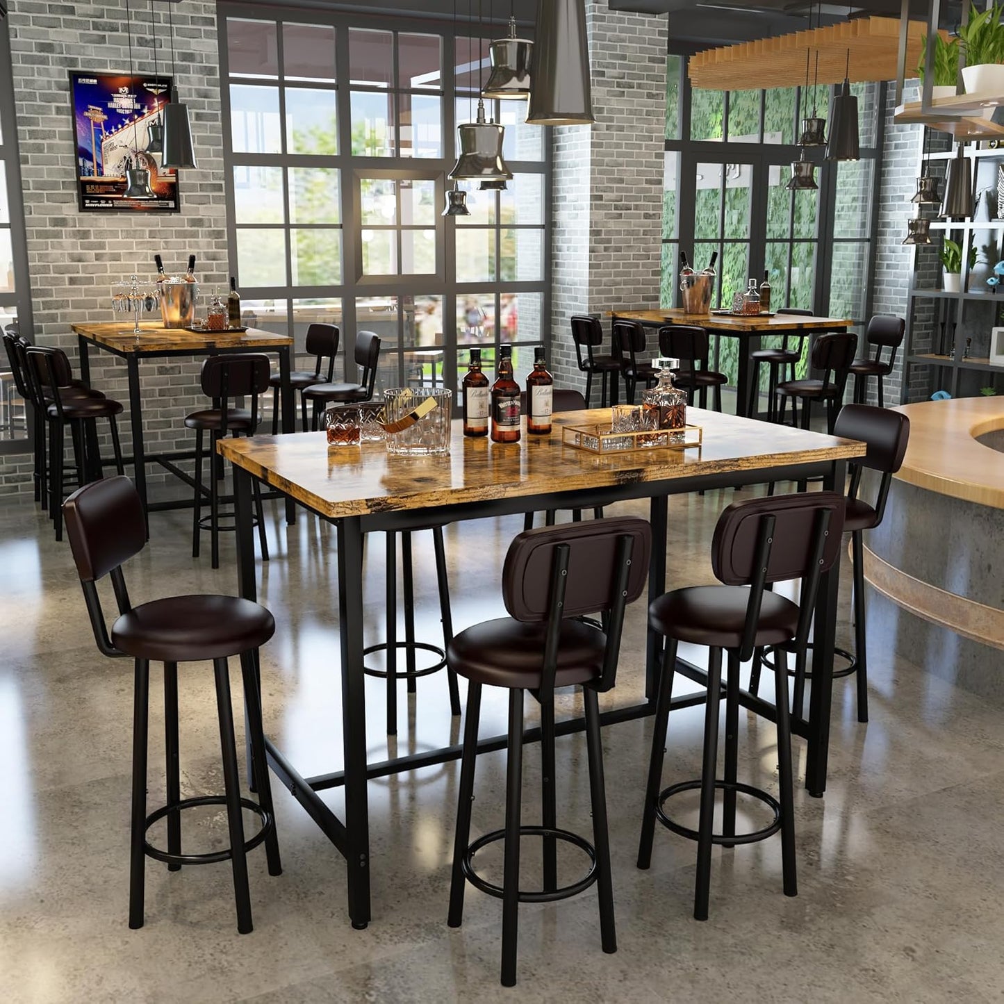DKLGG 7-Piece Dining Table Set, 50" Bar Table Set for 6 with MDF & Metal Frame, Tall Dining with 6 PU Leather Chairs, Saving Space Pub and Chairs Sets for Bar, Kitchen, Brown