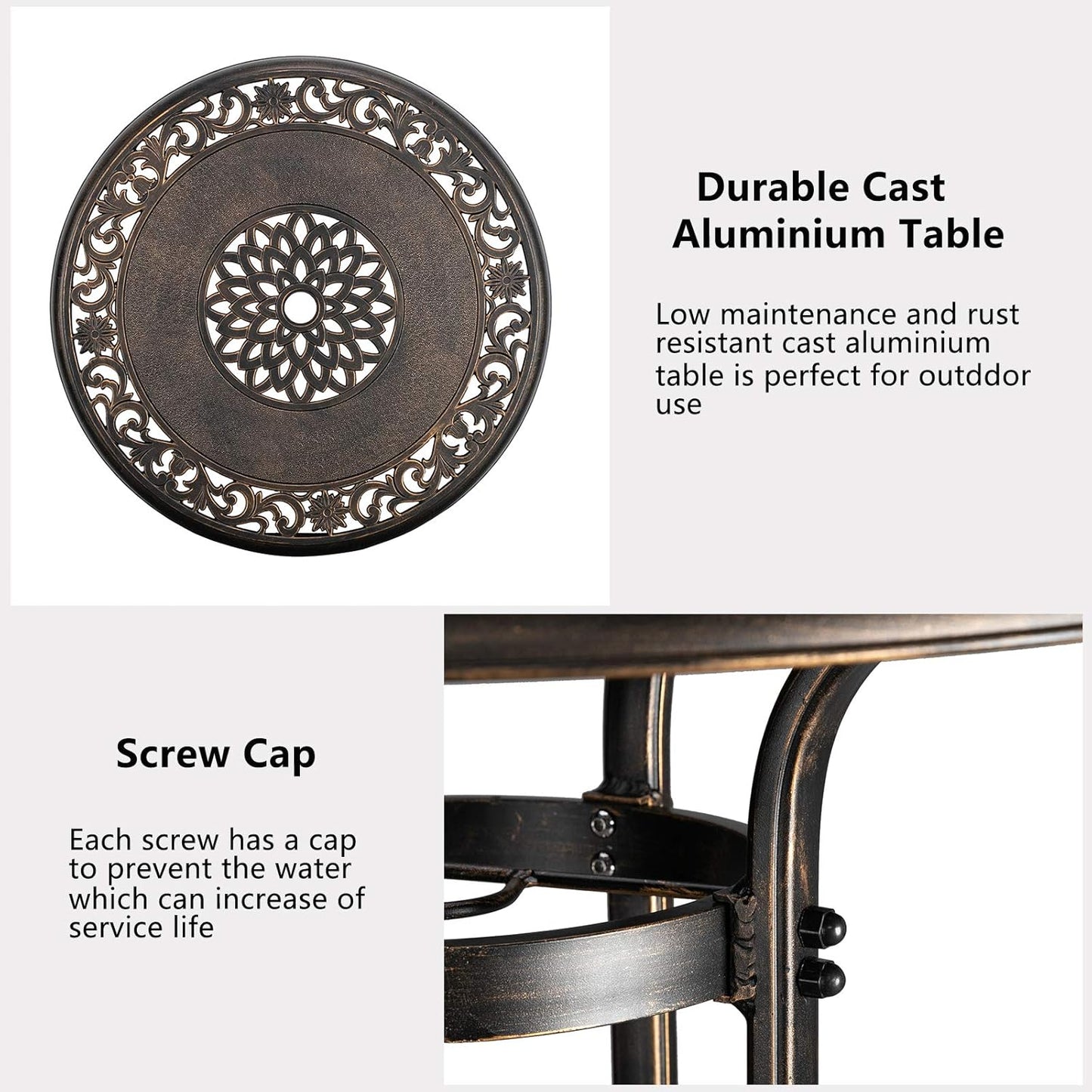 VINGLI 3 Piece Outdoor Patio Bar Set, Cast Aluminum Outdoor Swivel Bar Stools and Table w/Umberlla Hole, All-Weather Outdoor Bar Table and Chairs High Top Bistro Set w/Cushions (Grid Back)