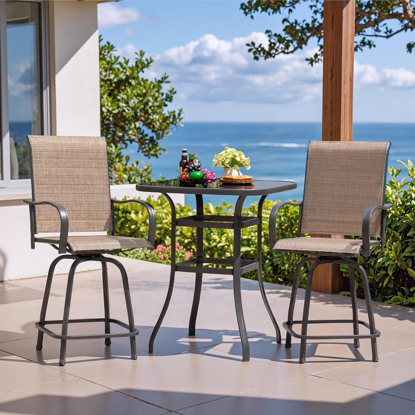 Devoko Patio Swivel Bar Set 3 Pieces Patio High Top Bar Table and Stools Chairs Set Textilene Sling Fabric Outdoor Bar Stools Set of 2 for Garden, Balcony