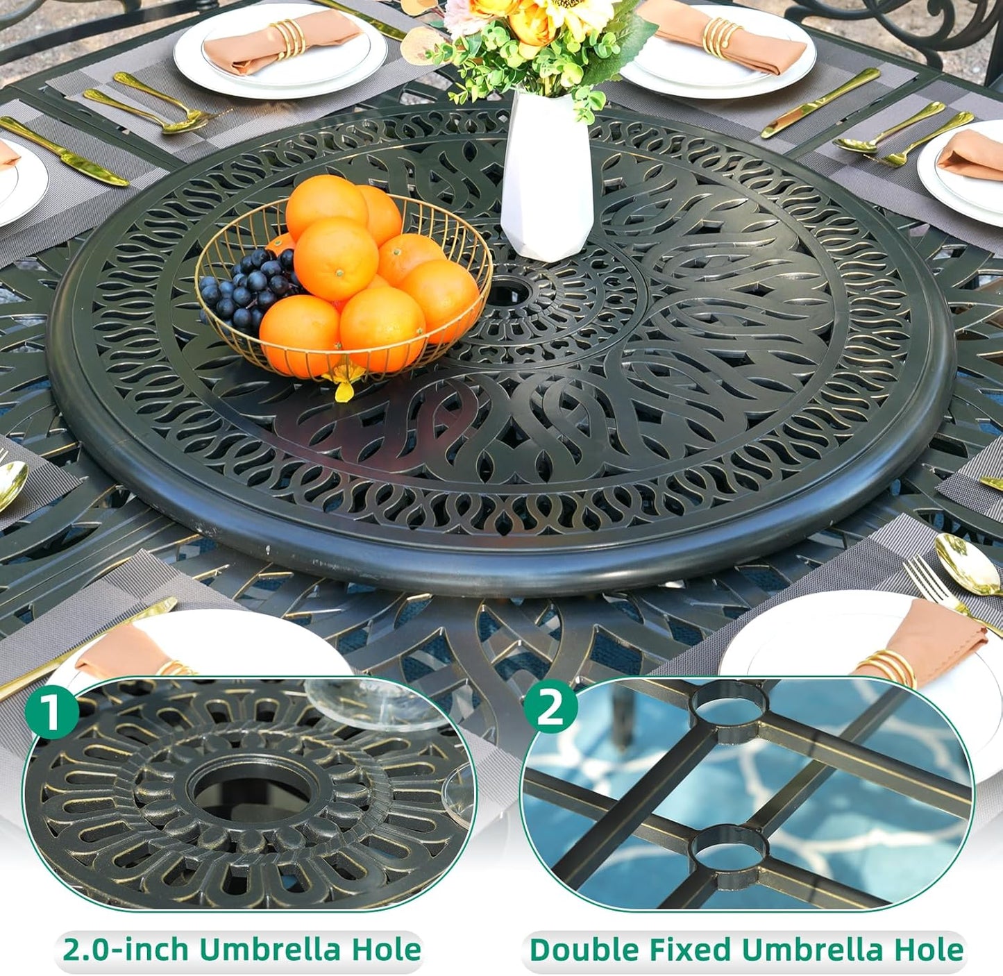 VIVIJASON 10-Piece High Patio Dining Set, All Weather Cast Aluminum Outdoor Bar Table and Chairs Set, Includes 8 Swivel Bar Stools & 64" Bar Height Dining Table with 35.5" Lazy Susan, Umbrella Hole
