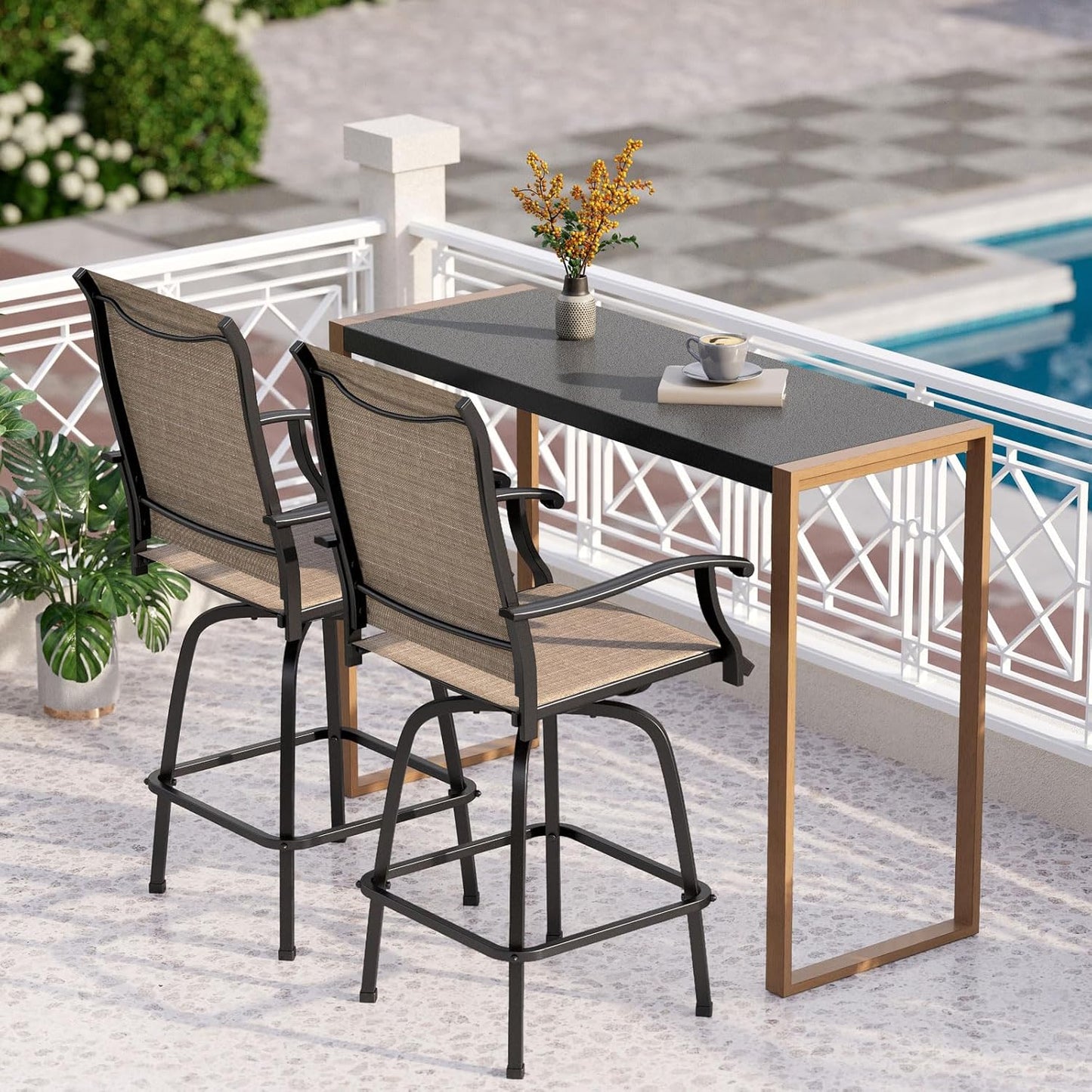 PHI VILLA 7 Piece Outdoor Bar Dining Set, High Top Patio Table and Chairs with 6 Swivel Teal Bar Stools & 40" Rectangle Metal Bar Table for Garden, Yard and Deck