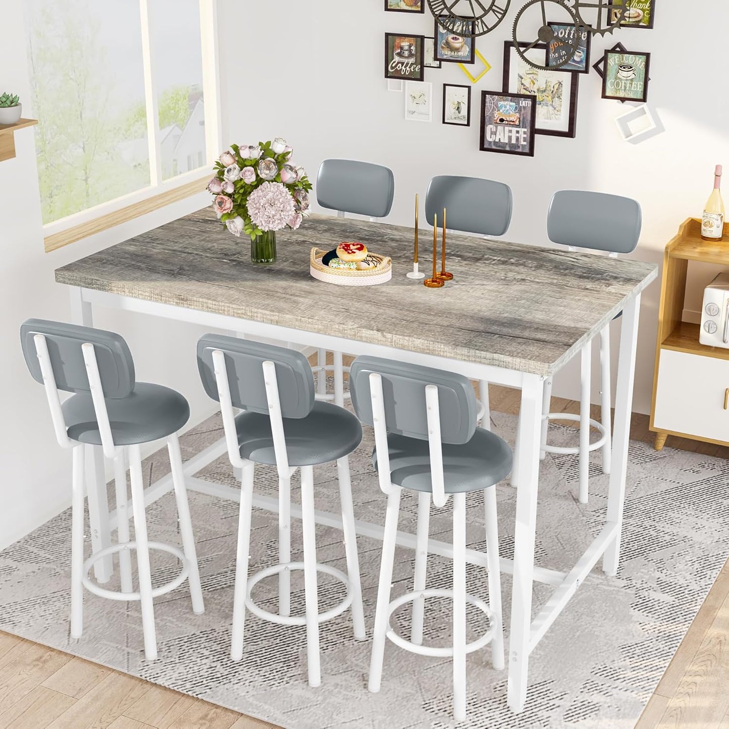 DKLGG 7-Piece Dining Table Set, 50" Bar Table Set for 6 with MDF & Metal Frame, Tall Dining with 6 PU Leather Chairs, Saving Space Pub and Chairs Sets for Bar, Kitchen, Brown