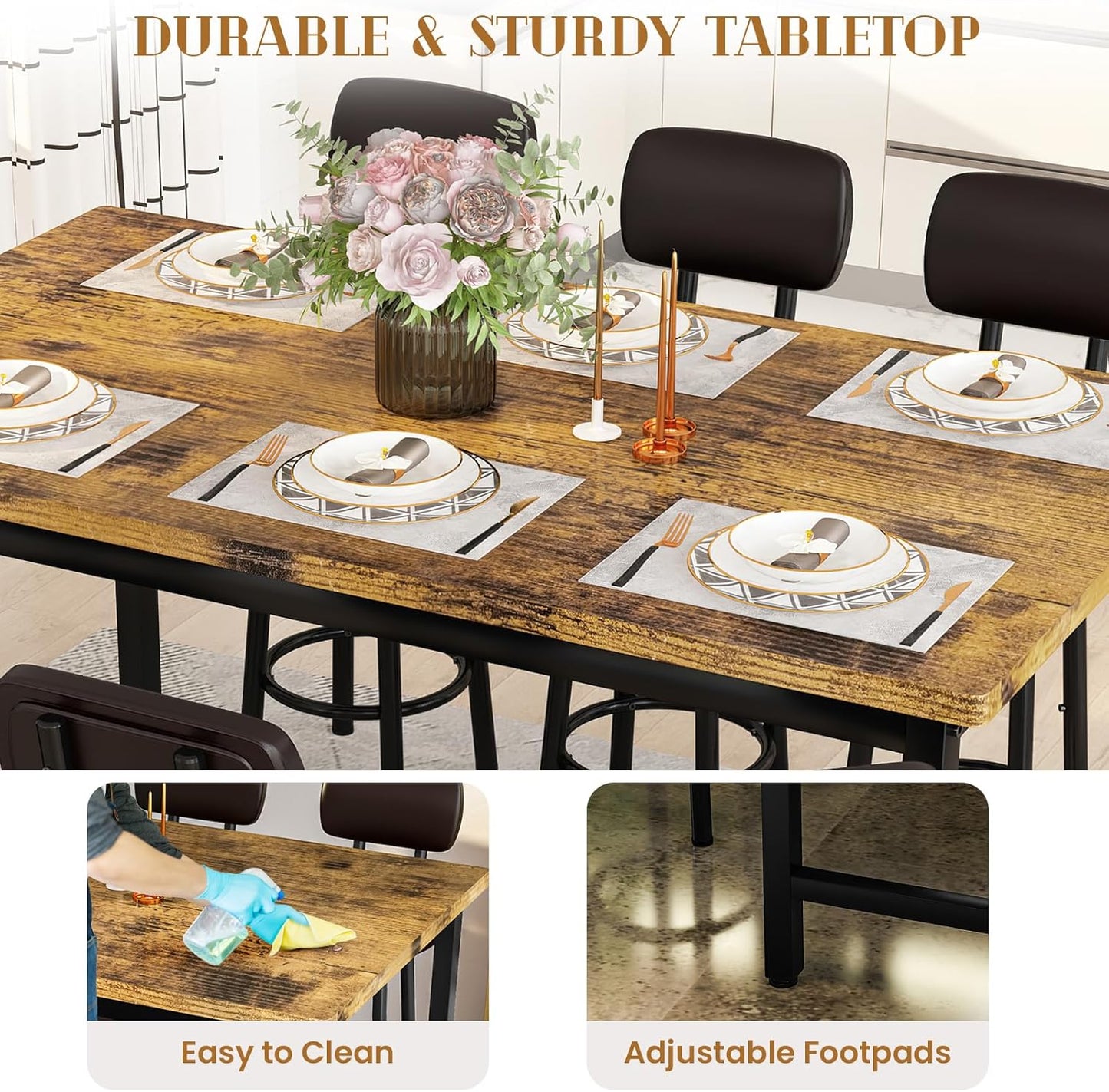 DKLGG 7-Piece Dining Table Set, 50" Bar Table Set for 6 with MDF & Metal Frame, Tall Dining with 6 PU Leather Chairs, Saving Space Pub and Chairs Sets for Bar, Kitchen, Brown