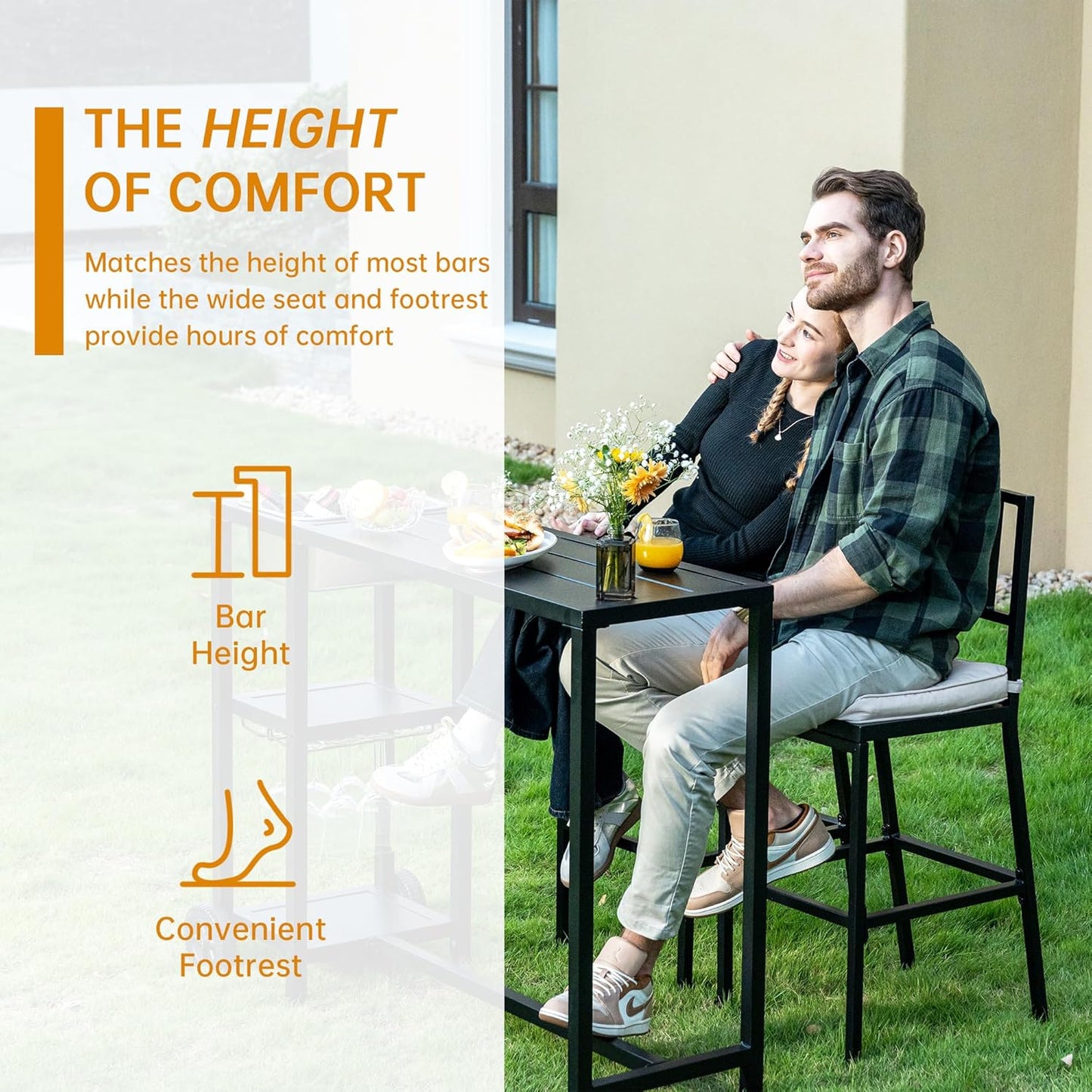 6 Piece Outdoor Patio Bar Set, 2 PCS 47" Rectangular Counter Height High Top Bar Tables with Wheels, 4 Cushioned Bar Stools, Metal Bar Table and Chairs Set for Balcony, Backyard, Porch