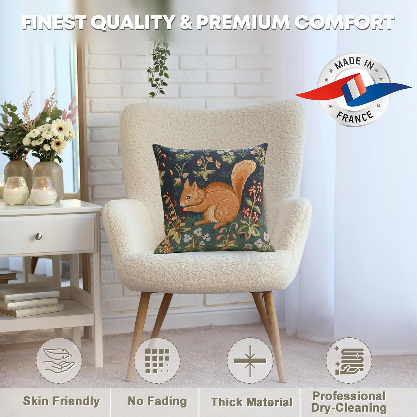 Charlotte Home Furnishings Decorative Throw Pillow Cover 19x19 in, Tree Squirrel French Country Sofa Cushion Case, Home Decor Cozy Square Tapestry Pillow Cover, Soft European Cotton Jacquard Woven