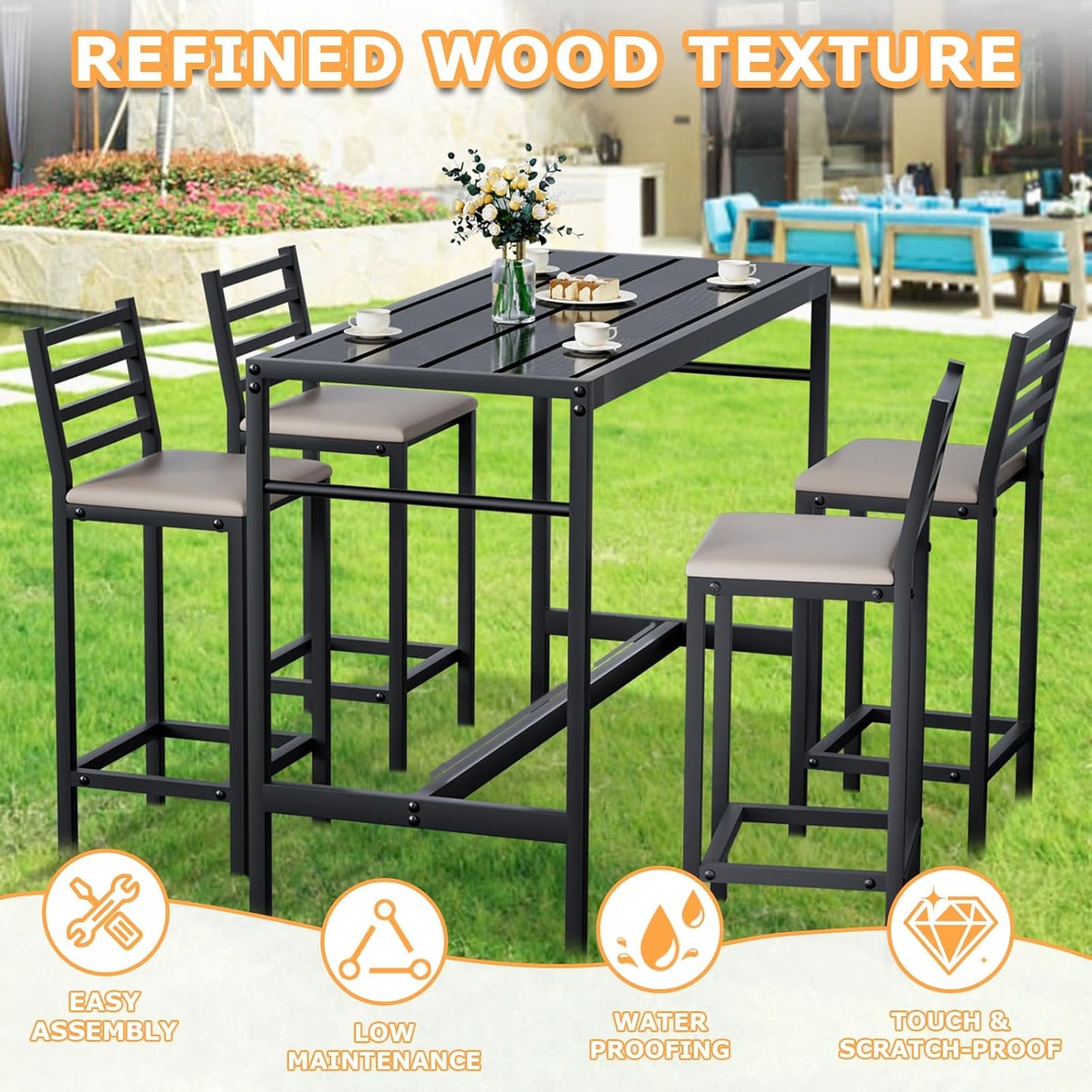 5 Piece Outdoor Patio Bar Set, 54.7" Rectangular Counter Height High Top Bar Tables, 4 Cushioned 41" Bar Stools, Metal Bar Table and Chairs Set for Poolside, Balcony, Backyard, Porch