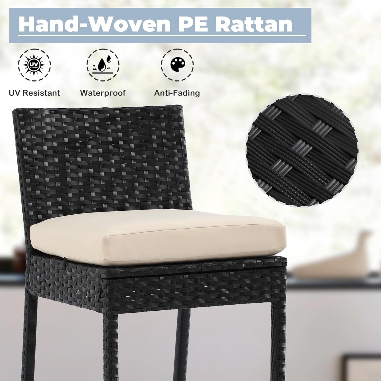 Patio Bar Dining Set,Outdoor Durable Bar Height Table & Cushioned Bar Stools, Metal Bar Table and Chairs Set for Balcony, Backyard, Porch, Poolside (3pcs with 63" Rattan Table)