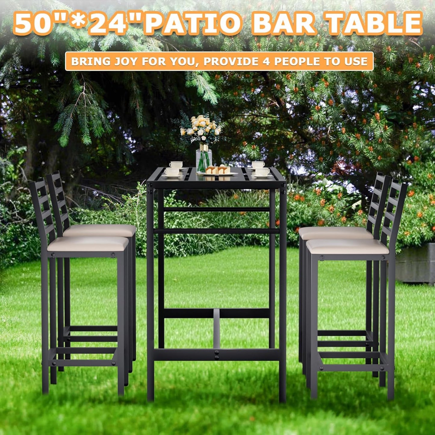 5 Piece Outdoor Patio Bar Set, 54.7" Rectangular Counter Height High Top Bar Tables, 4 Cushioned 41" Bar Stools, Metal Bar Table and Chairs Set for Poolside, Balcony, Backyard, Porch