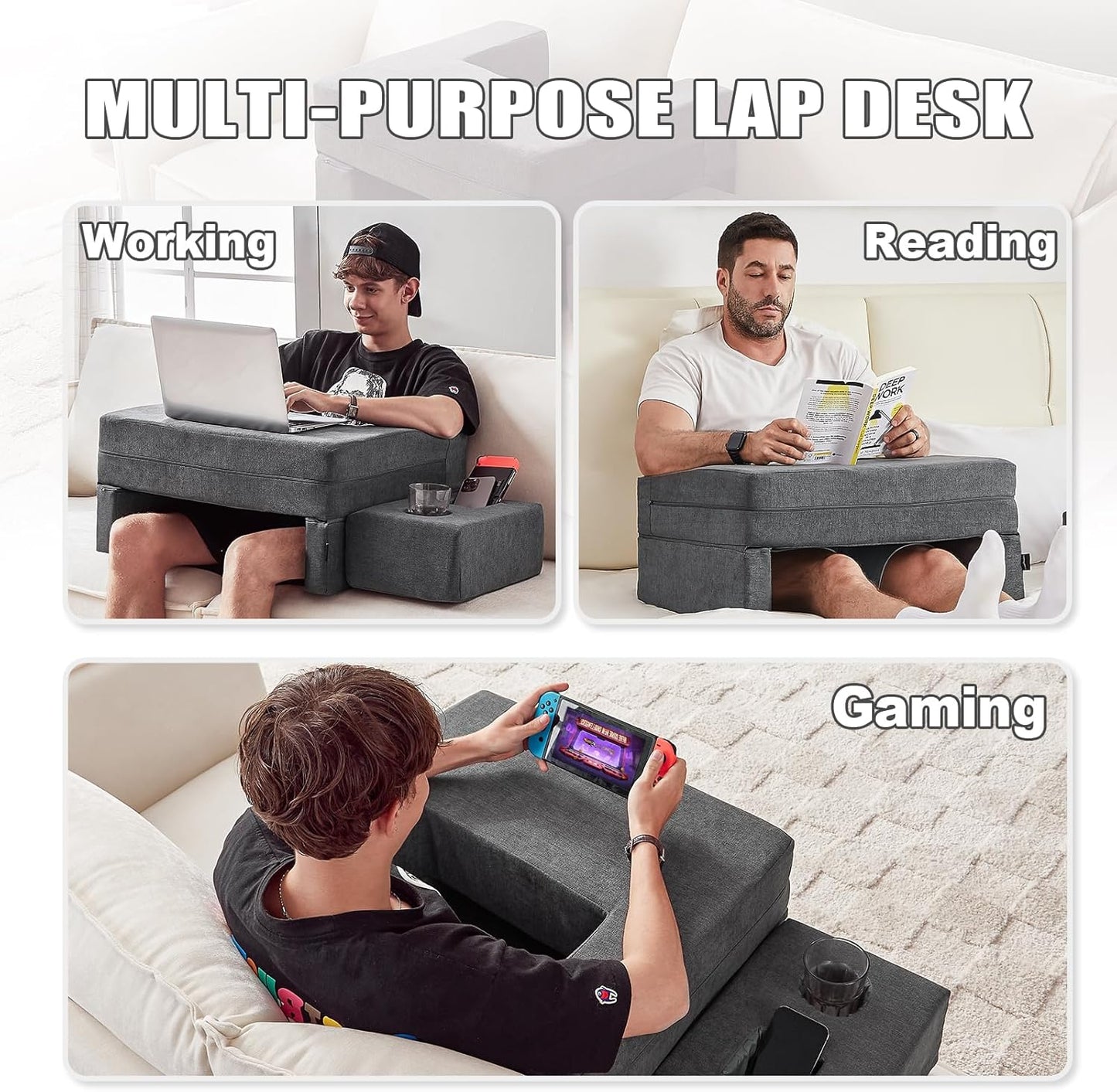 Lap Desk Pillow for Laptop, Large Reading Pillow for Adult, Arm Rest Pillow with Cup Holder, Memory Foam Bed Desk for Working, Gaming, Reading, Laptop Desk for Couch Bed Floor(Grey)