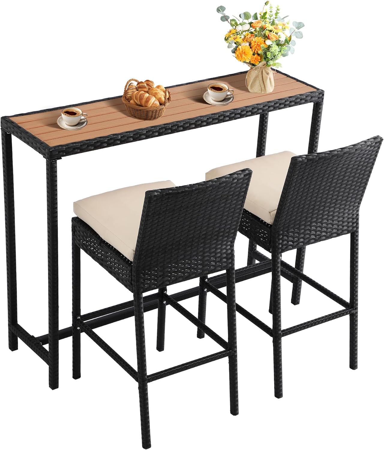 Patio Bar Dining Set,Outdoor Durable Bar Height Table & Cushioned Bar Stools, Metal Bar Table and Chairs Set for Balcony, Backyard, Porch, Poolside (3pcs with 63" Rattan Table)