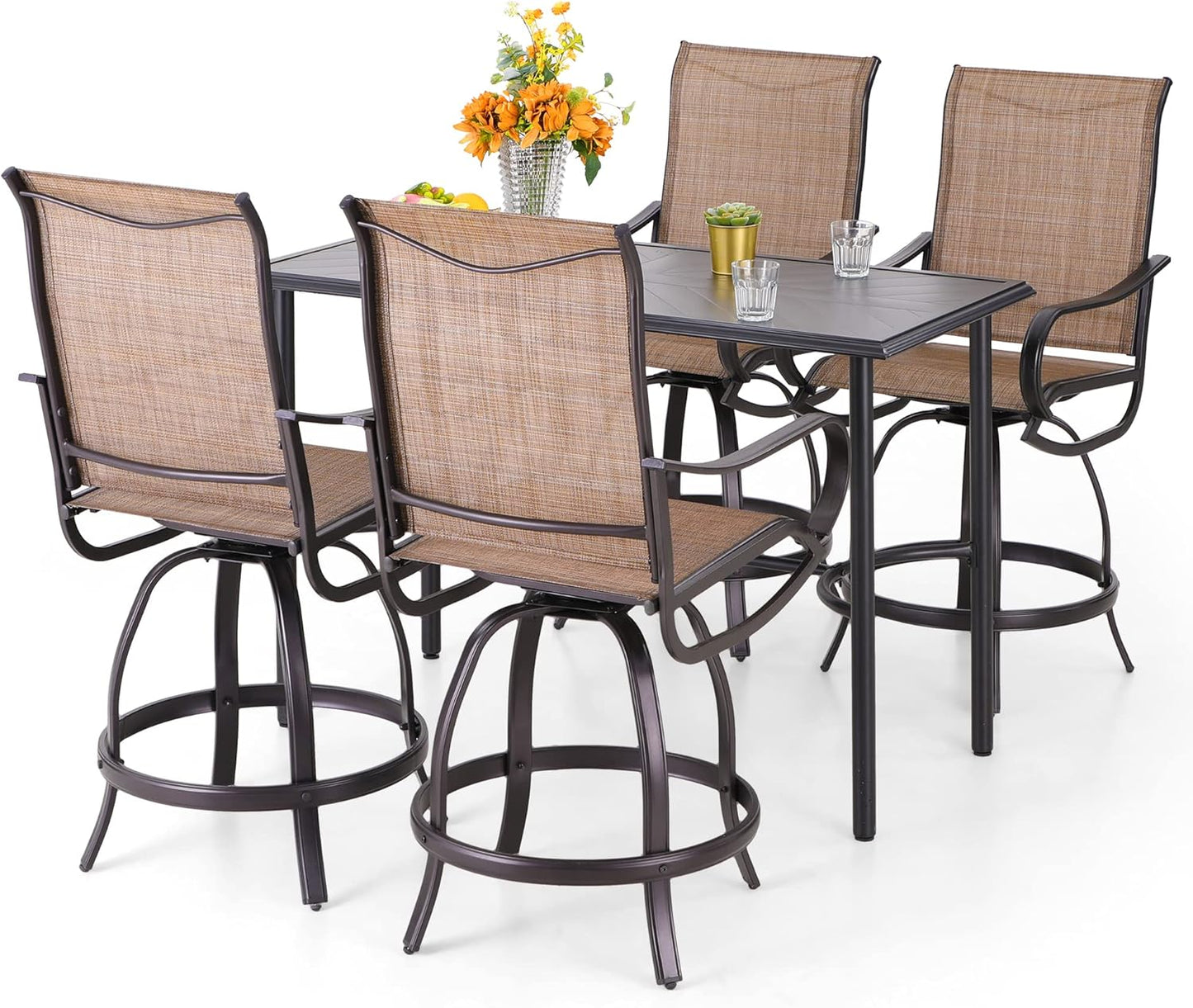 PHI VILLA 5 PCS Outdoor Counter Height Table and Chairs,Swivel Outdoor Bar Chairs with Grey Cushion and Metal bar Table for All Weather,Patio High Dining Set for Indoor,Garden,Yard