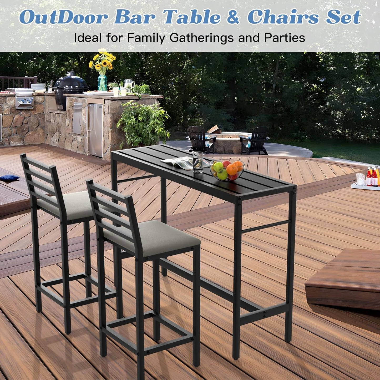 3 Pcs Outdoor Patio Bar Set, Outdoor Stainless Steel Patio Bar Set with 55'' Height Bar Table & 2 Cushioned Bar Table, Metal Bar Table and Chairs Set for Outside, Patio, Balcony, Backyard, Porch, Deck