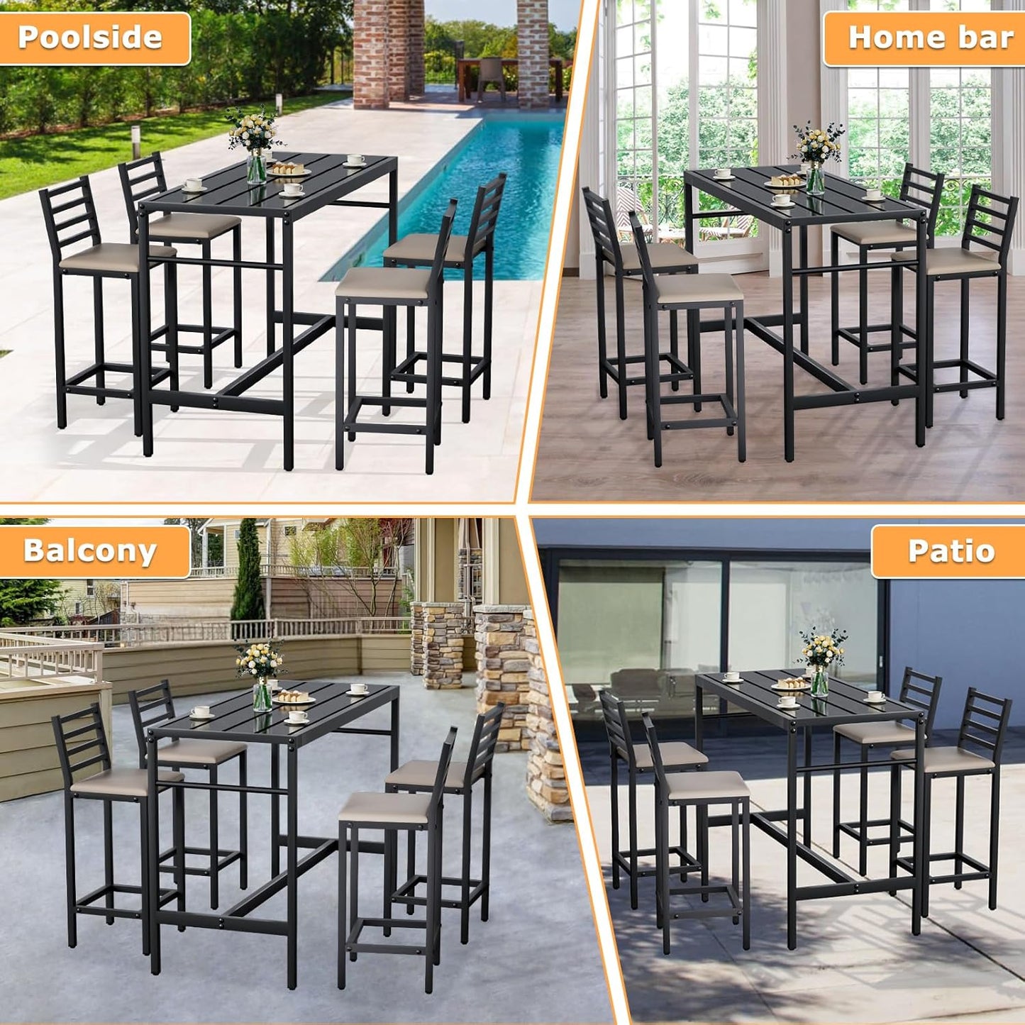 5 Piece Outdoor Patio Bar Set, 54.7" Rectangular Counter Height High Top Bar Tables, 4 Cushioned 41" Bar Stools, Metal Bar Table and Chairs Set for Poolside, Balcony, Backyard, Porch