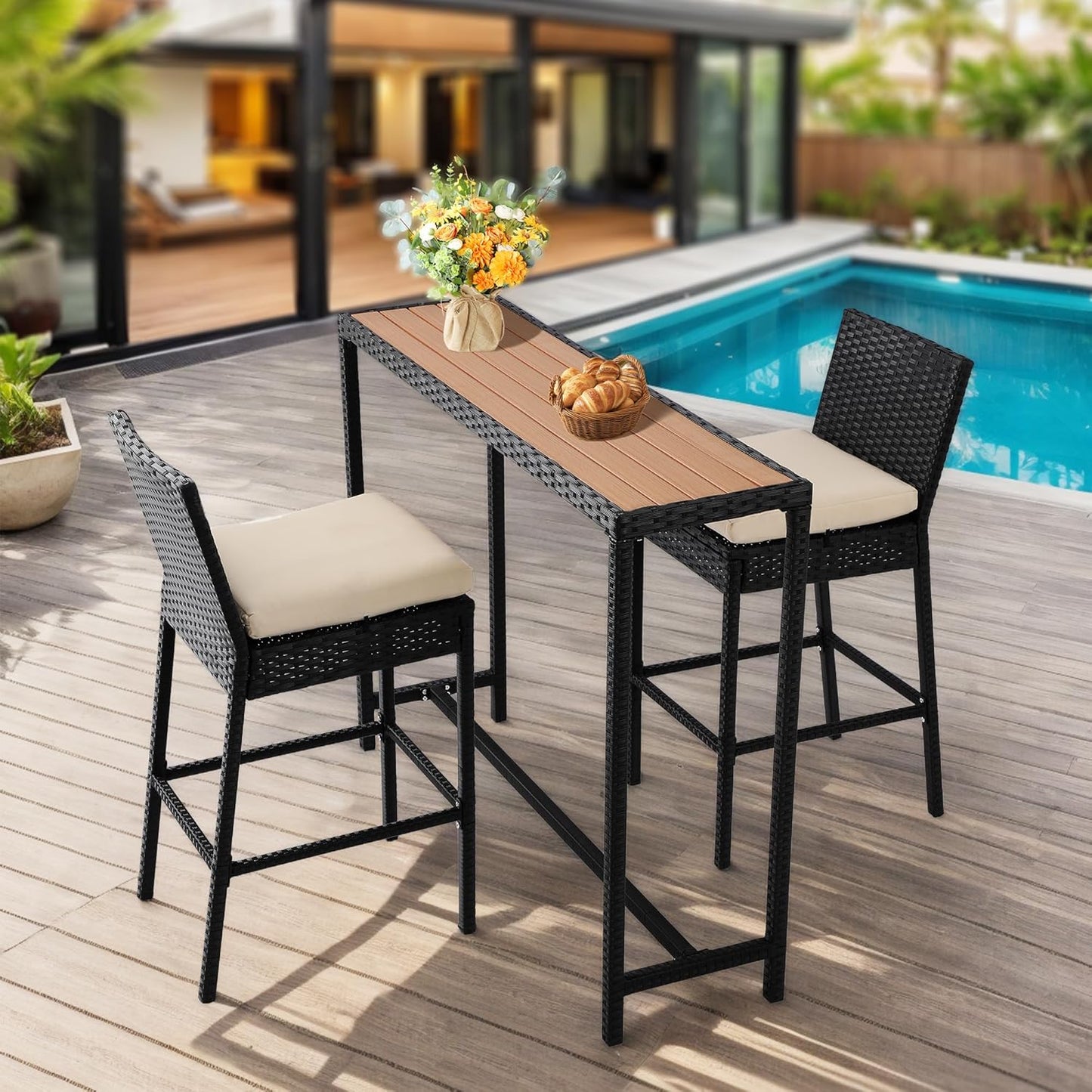 Patio Bar Dining Set,Outdoor Durable Bar Height Table & Cushioned Bar Stools, Metal Bar Table and Chairs Set for Balcony, Backyard, Porch, Poolside (3pcs with 63" Rattan Table)