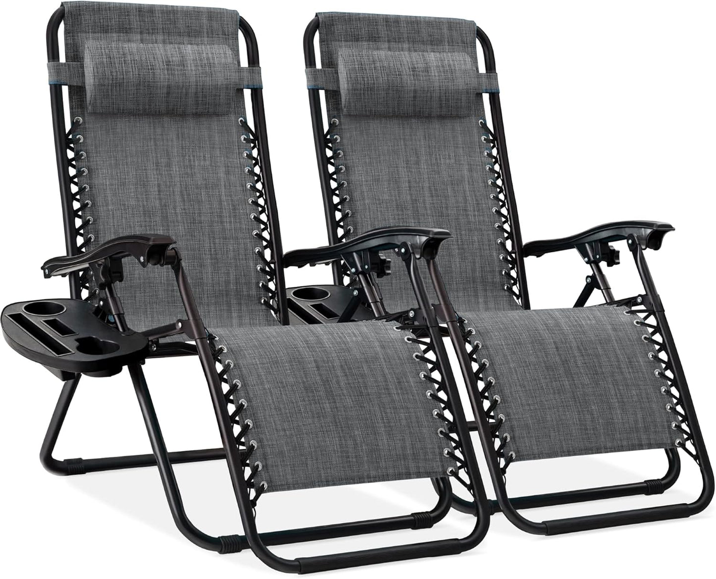 Best Choice Products Set of 2 Adjustable Steel Mesh Zero Gravity Lounge Chair Recliners w/Pillows and Cup Holder Trays - Navy Blue