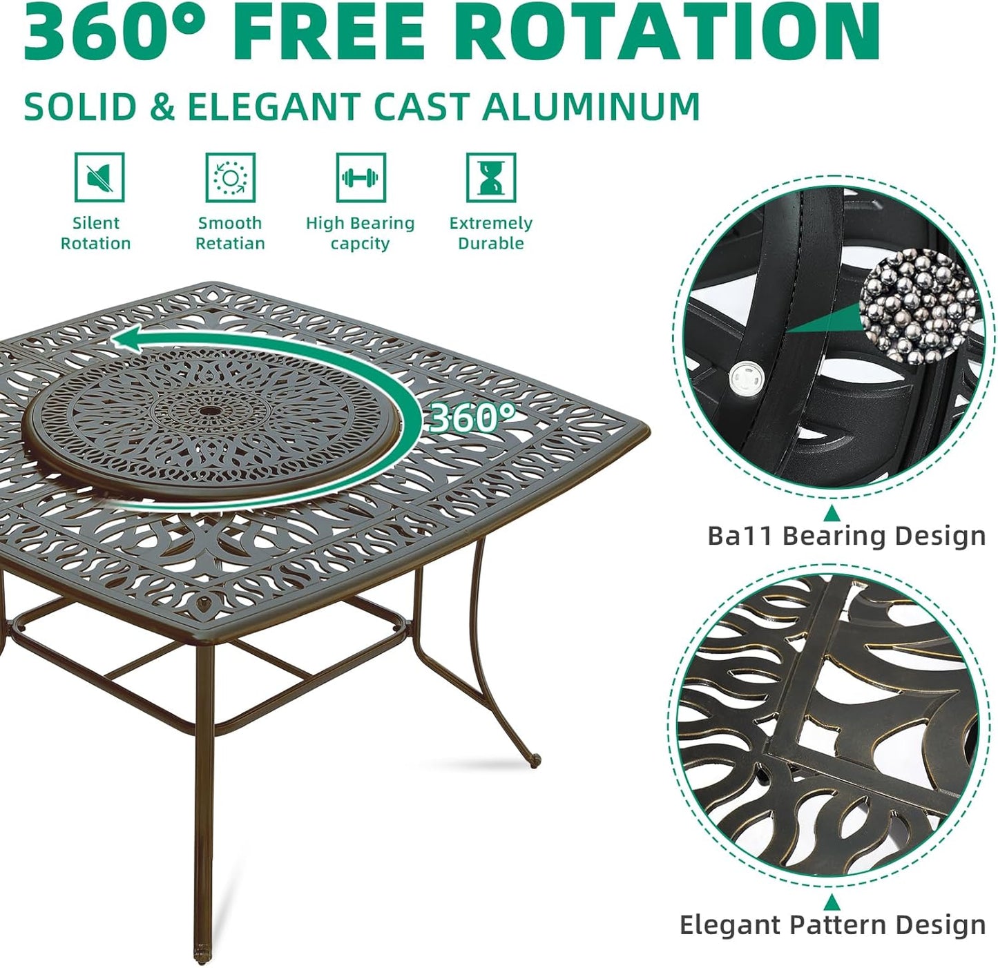 VIVIJASON 10-Piece High Patio Dining Set, All Weather Cast Aluminum Outdoor Bar Table and Chairs Set, Includes 8 Swivel Bar Stools & 64" Bar Height Dining Table with 35.5" Lazy Susan, Umbrella Hole