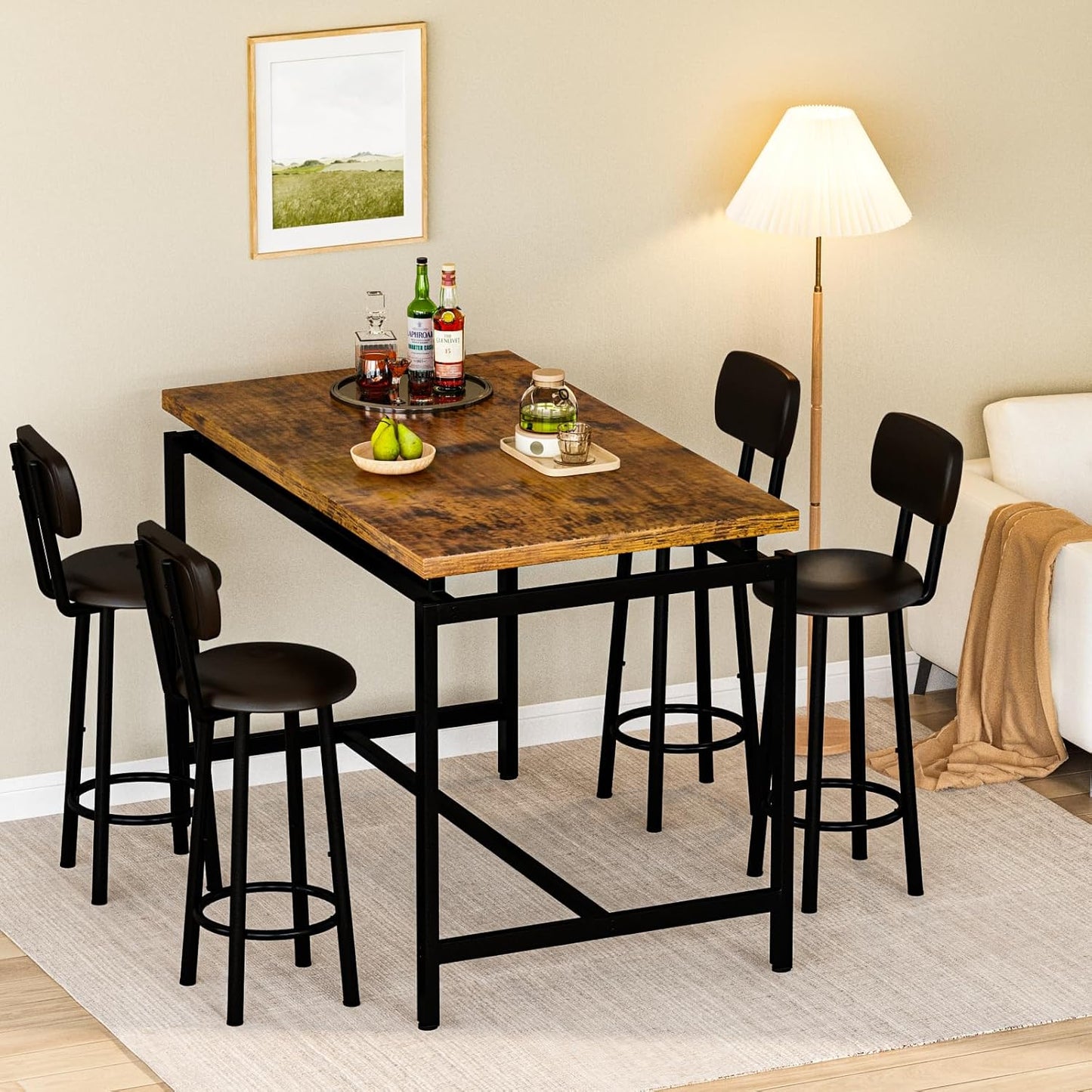 DKLGG Dining Table Set for 4 Modern Bar Table and Chairs Set, Kitchen Table with 4 PU Upholstered Backrest Stool, Counter Height Table Set for Breakfast Nook & Small Space (Rustic Brown)