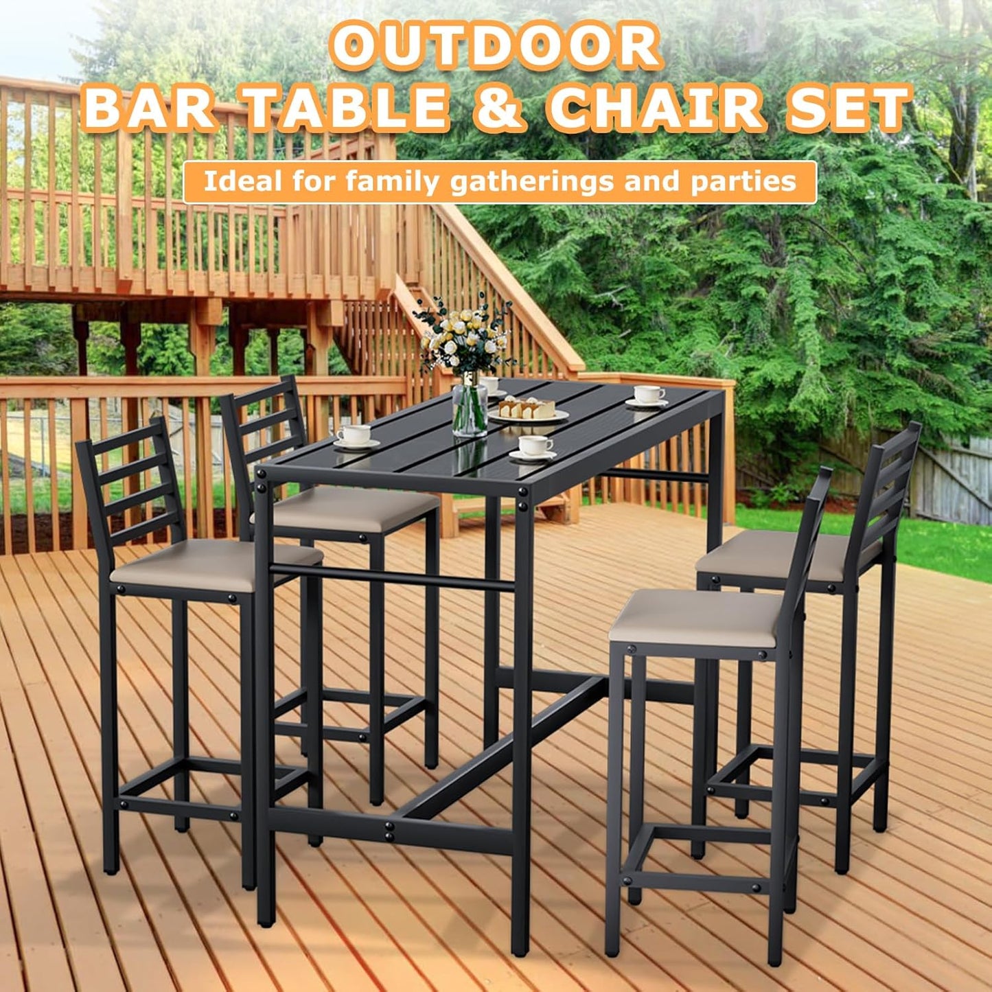 5 Piece Outdoor Patio Bar Set, 54.7" Rectangular Counter Height High Top Bar Tables, 4 Cushioned 41" Bar Stools, Metal Bar Table and Chairs Set for Poolside, Balcony, Backyard, Porch
