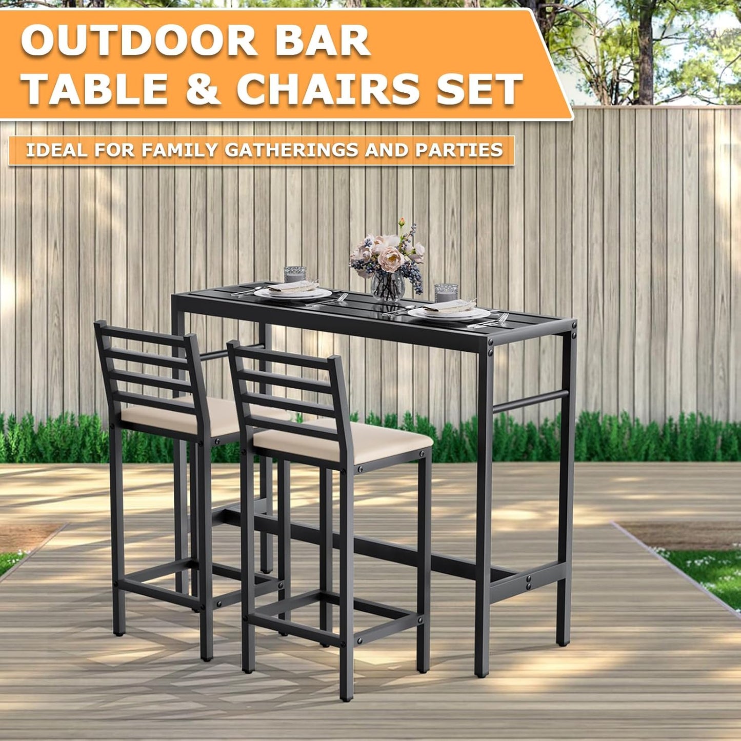 3PCS Outdoor Patio Bar Set, Outdoor Stainless Steel Patio Bar Set with 55'' Height Bar Table & 2 Cushioned Bar Set, Metal Bar Table and Chairs Set for Outside, Patio,Backyard (50''L x 16''W x 38''H)