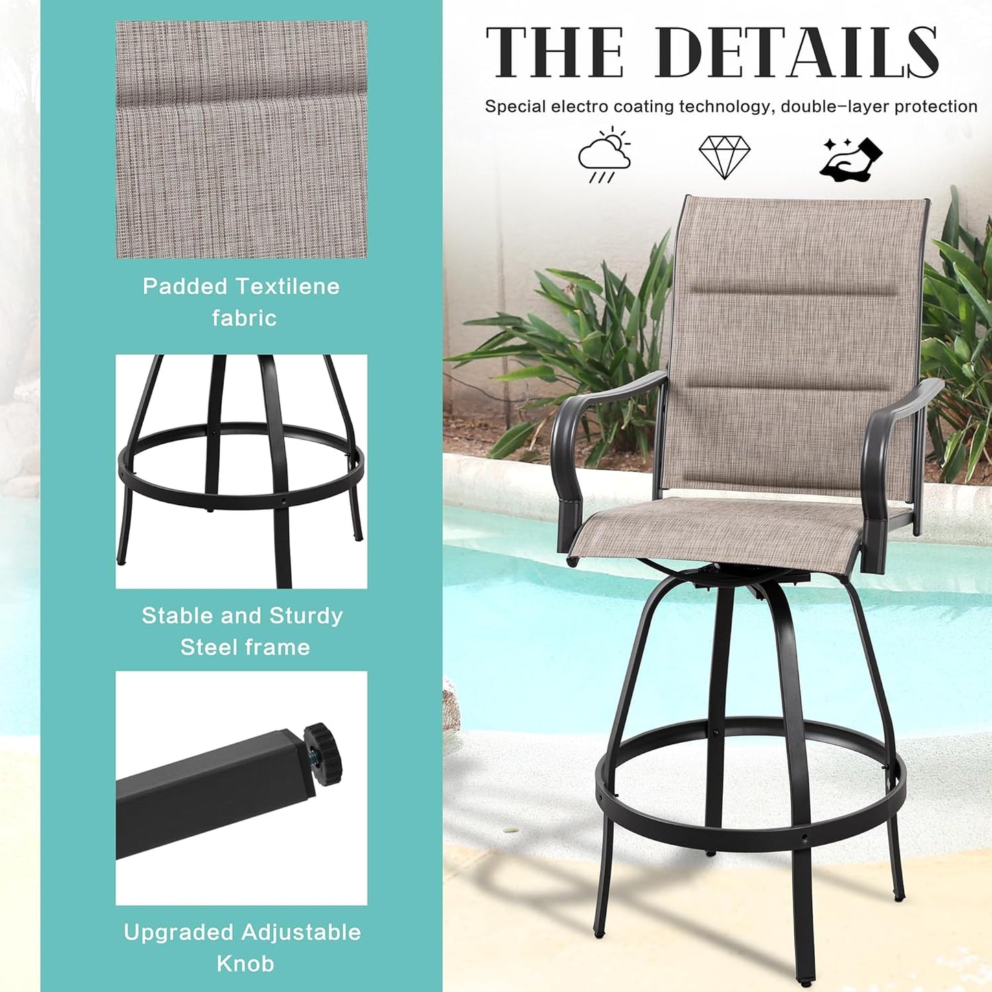 Vongrasig 5 Piece Patio Swivel Bar Set, All Weather Metal Textilene High Stools Chair Set of 4 and Glass Table, Outdoor Top Bistro for Lawn Garden, Balcony, Taupe Padded Gray VG-HGB4C1T