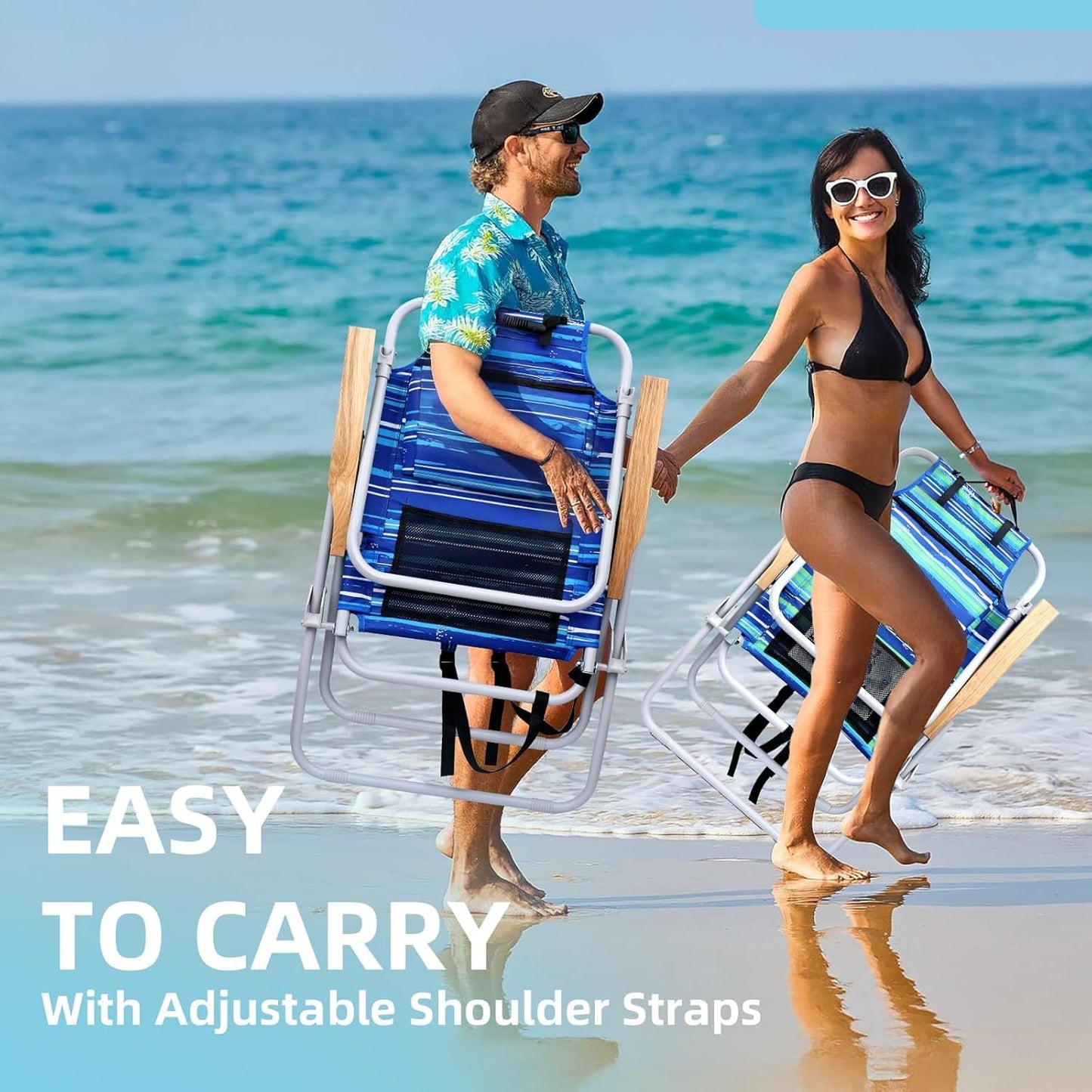 Tall Beach Chairs for Adults, 17" High Backpack Beach Chair with Wooden Armrests, 5 Positions Reclining Heavy Duty Chair with Large Cooler Pouch, Support to 350LBS Striped Blue,1pack
